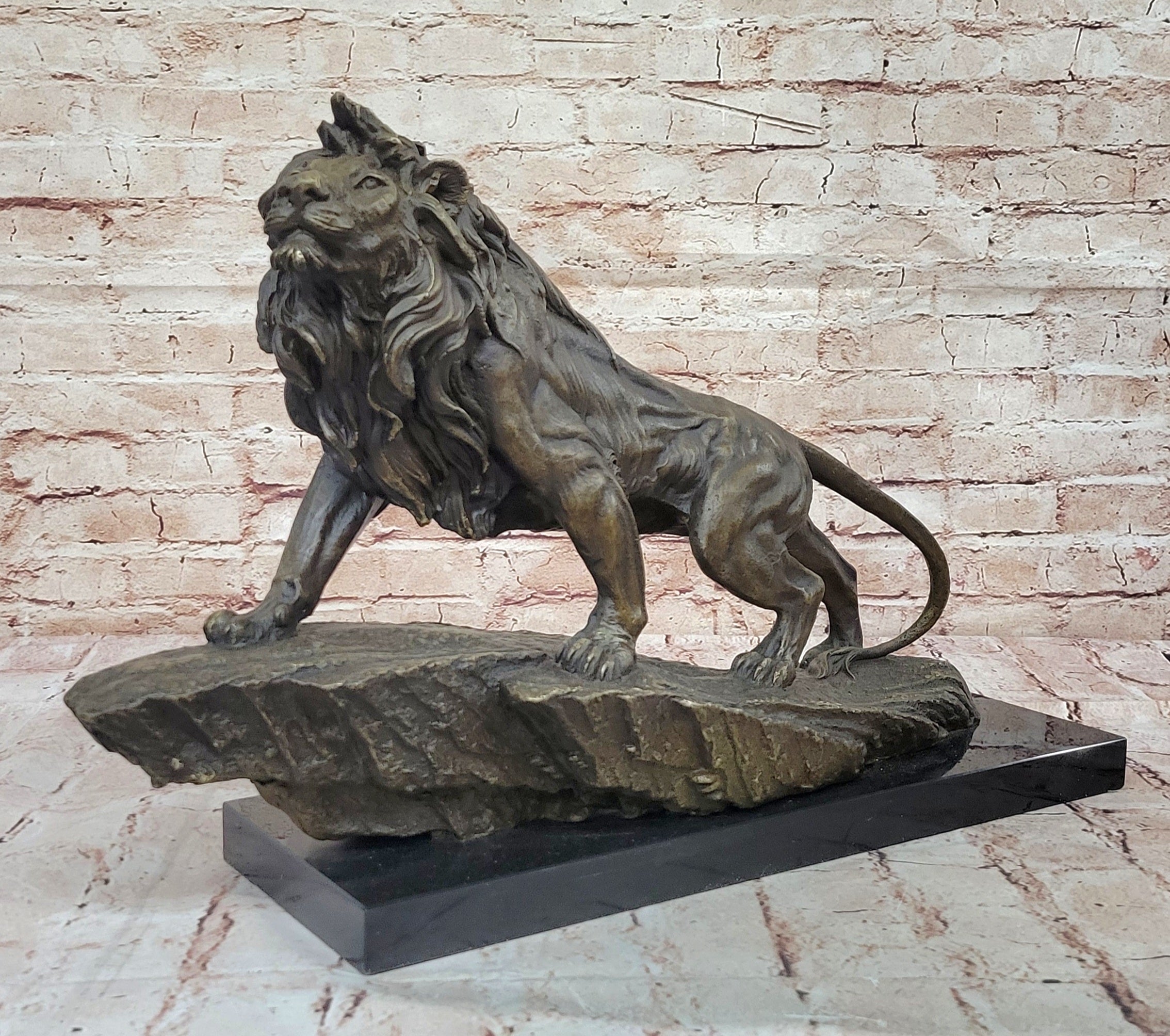 Standing Lion Bronze Sculpture; Detailed Wildlife Artwork on Marble Base