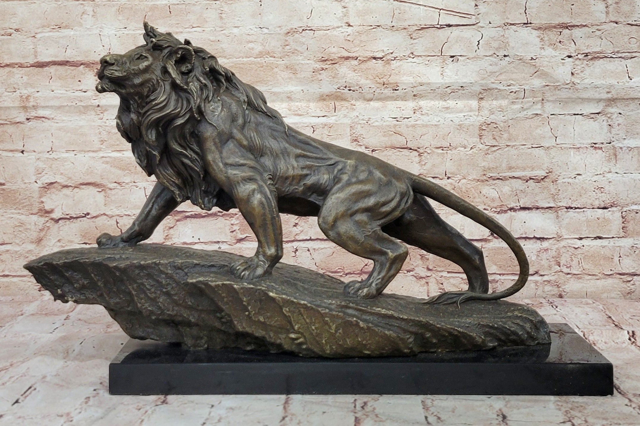 Standing Lion Bronze Sculpture; Detailed Wildlife Artwork on Marble Base