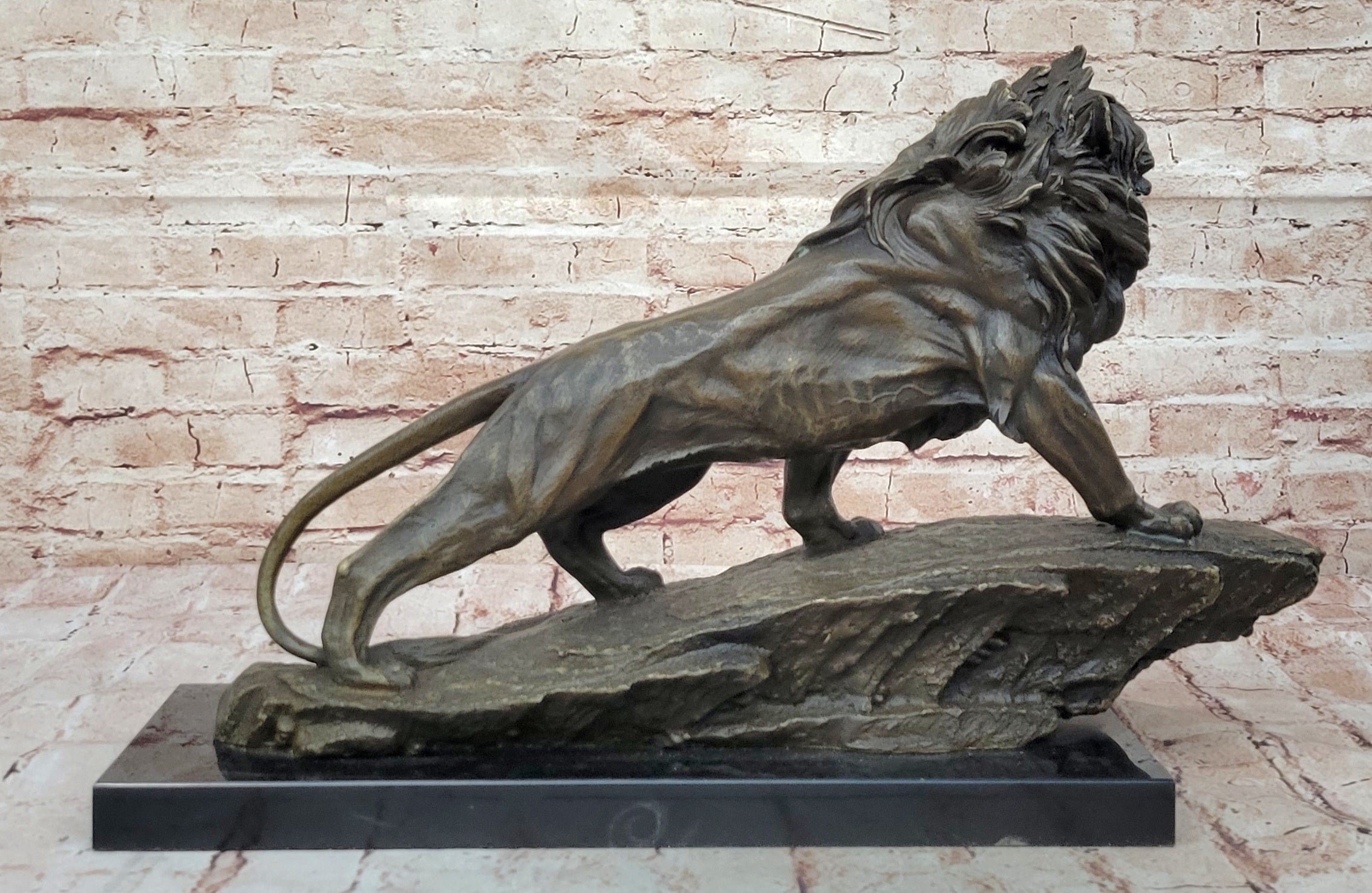 Standing Lion Bronze Sculpture; Detailed Wildlife Artwork on Marble Base