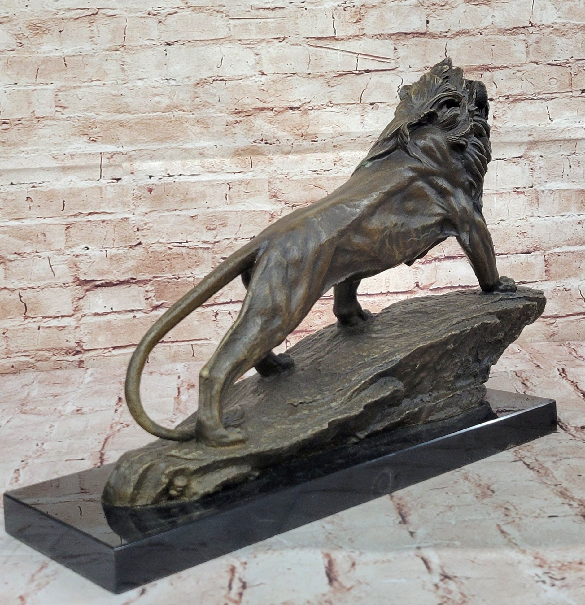 Standing Lion Bronze Sculpture; Detailed Wildlife Artwork on Marble Base
