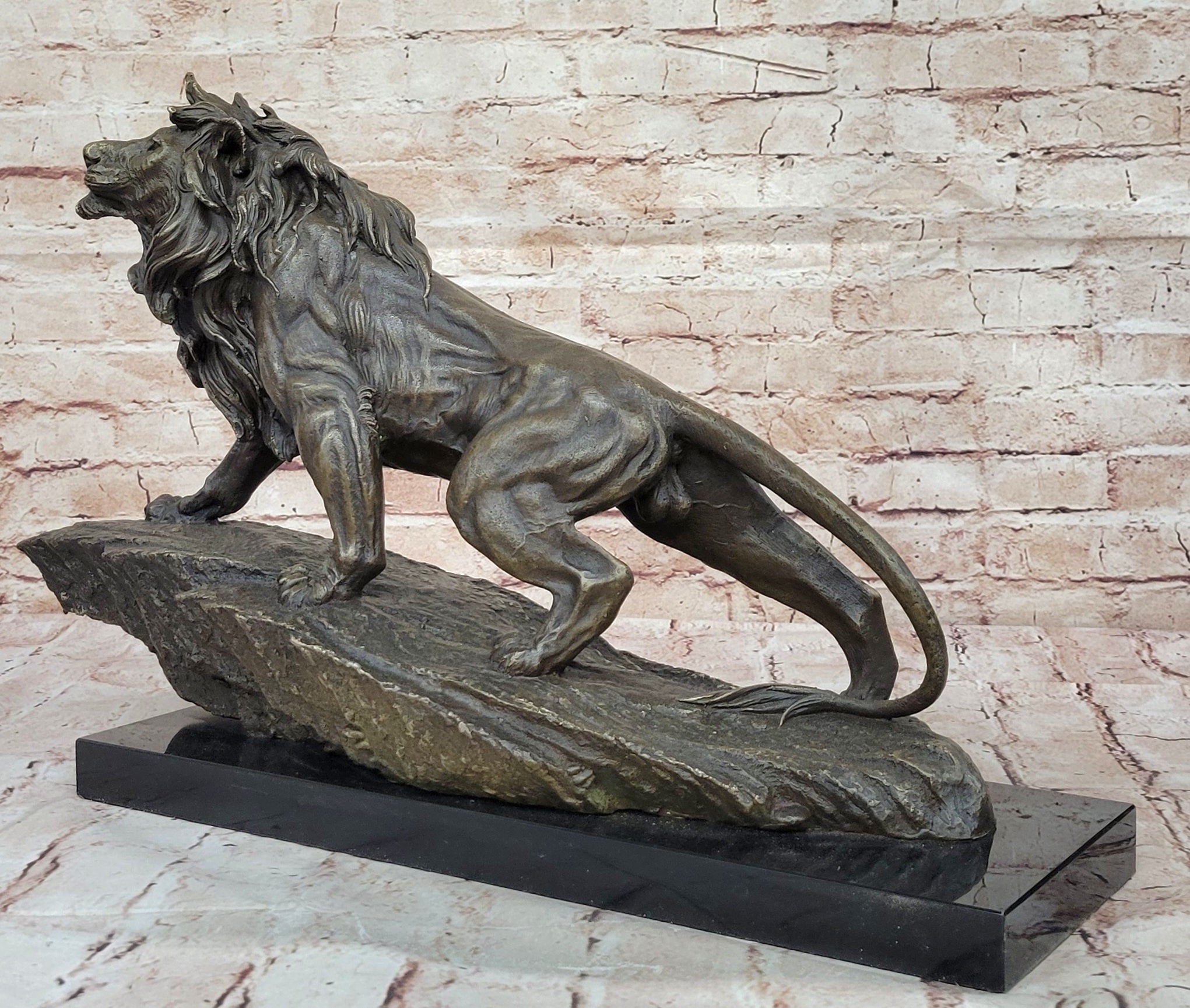 Standing Lion Bronze Sculpture; Detailed Wildlife Artwork on Marble Base