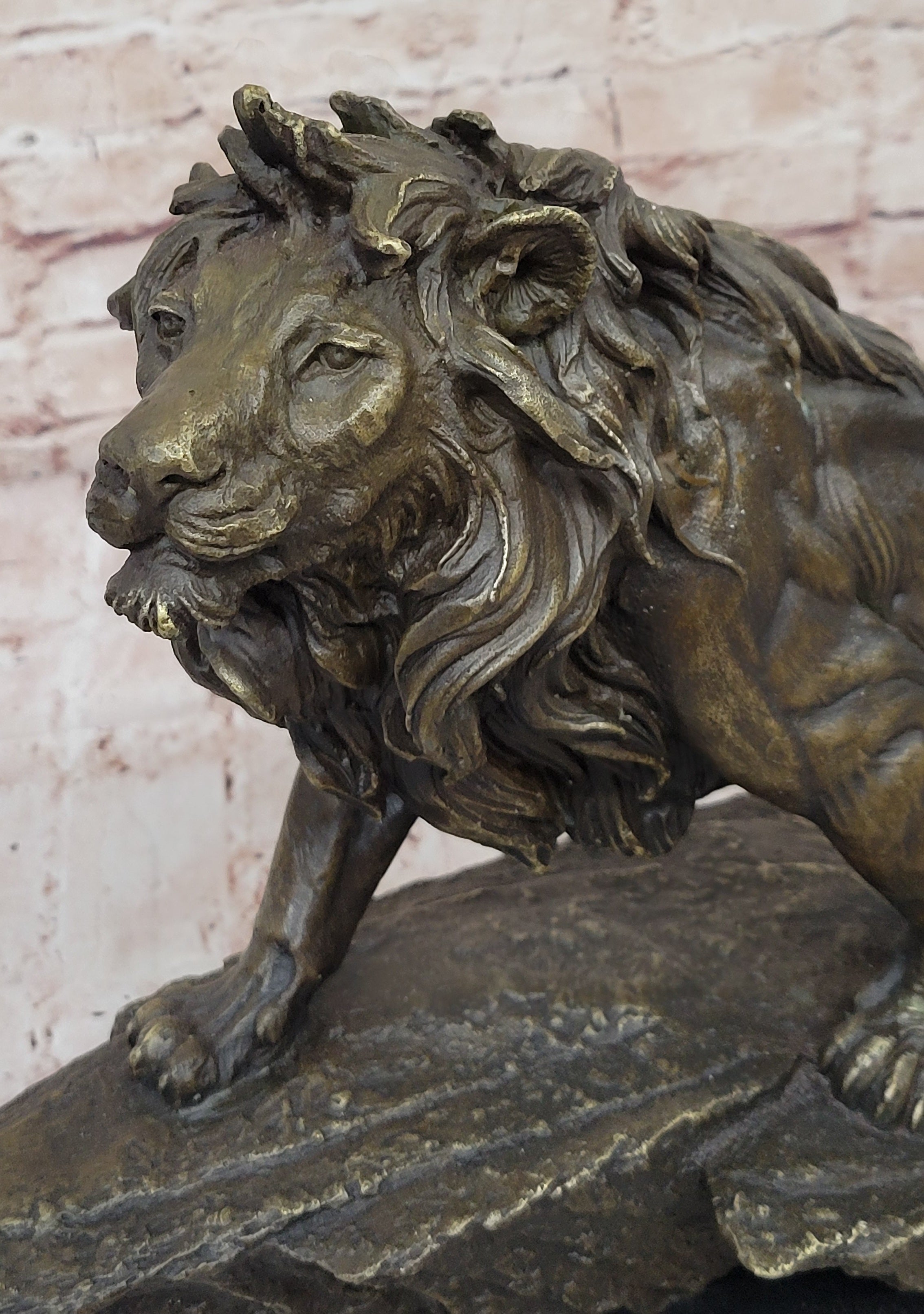 Standing Lion Bronze Sculpture; Detailed Wildlife Artwork on Marble Base