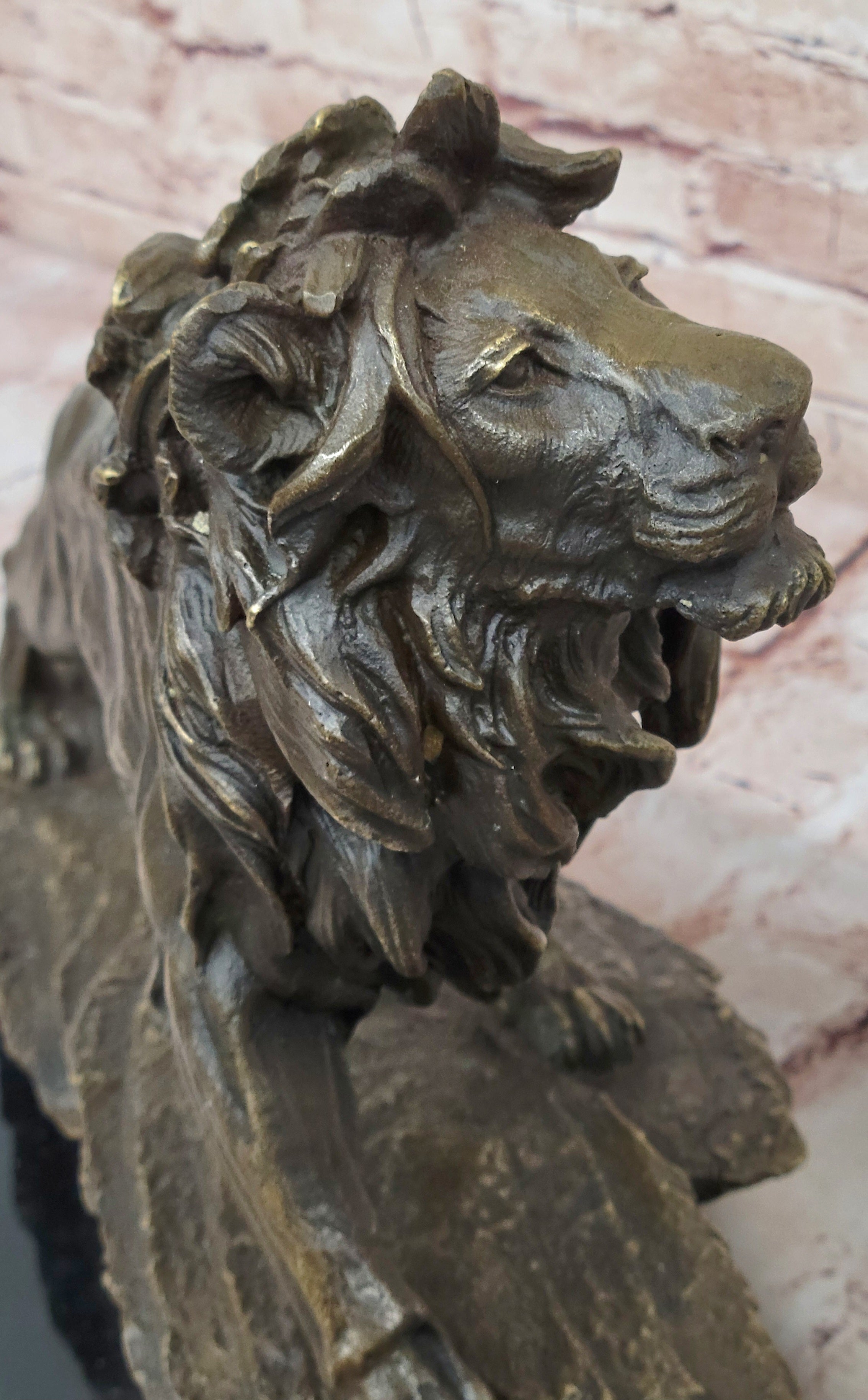 Standing Lion Bronze Sculpture; Detailed Wildlife Artwork on Marble Base