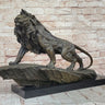 Standing Lion Bronze Sculpture; Detailed Wildlife Artwork on Marble Base