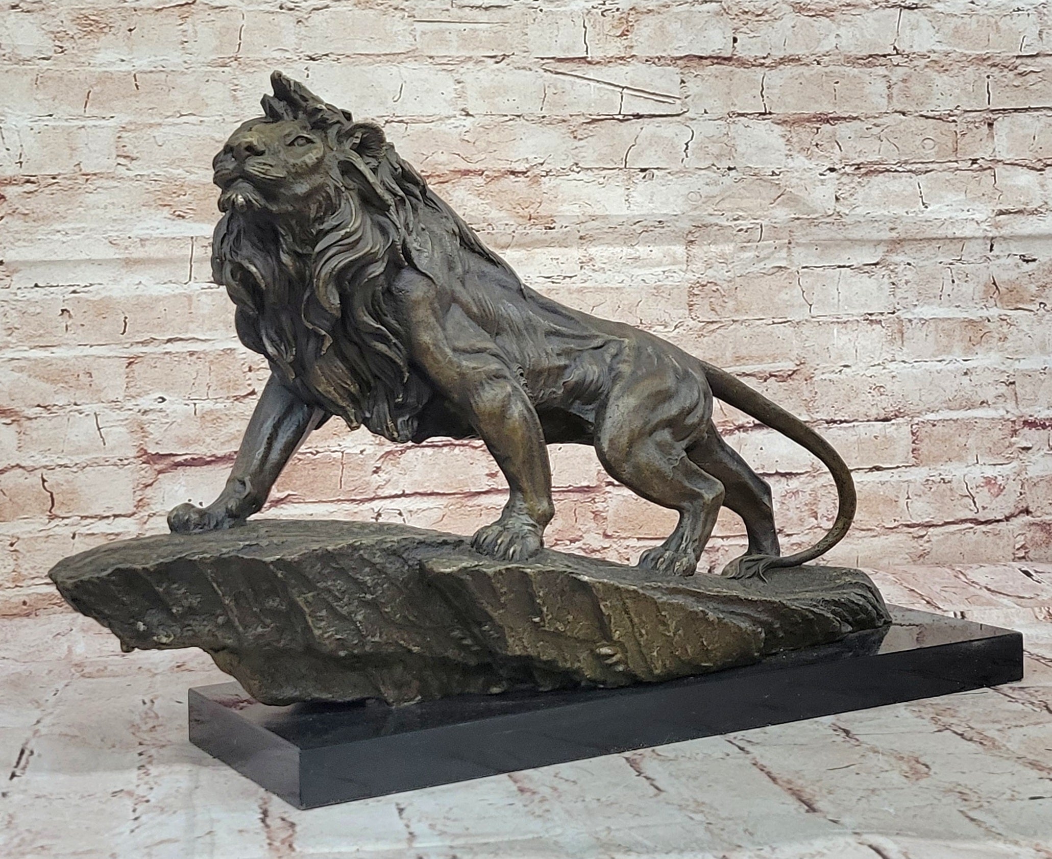 Standing Lion Bronze Sculpture; Detailed Wildlife Artwork on Marble Base