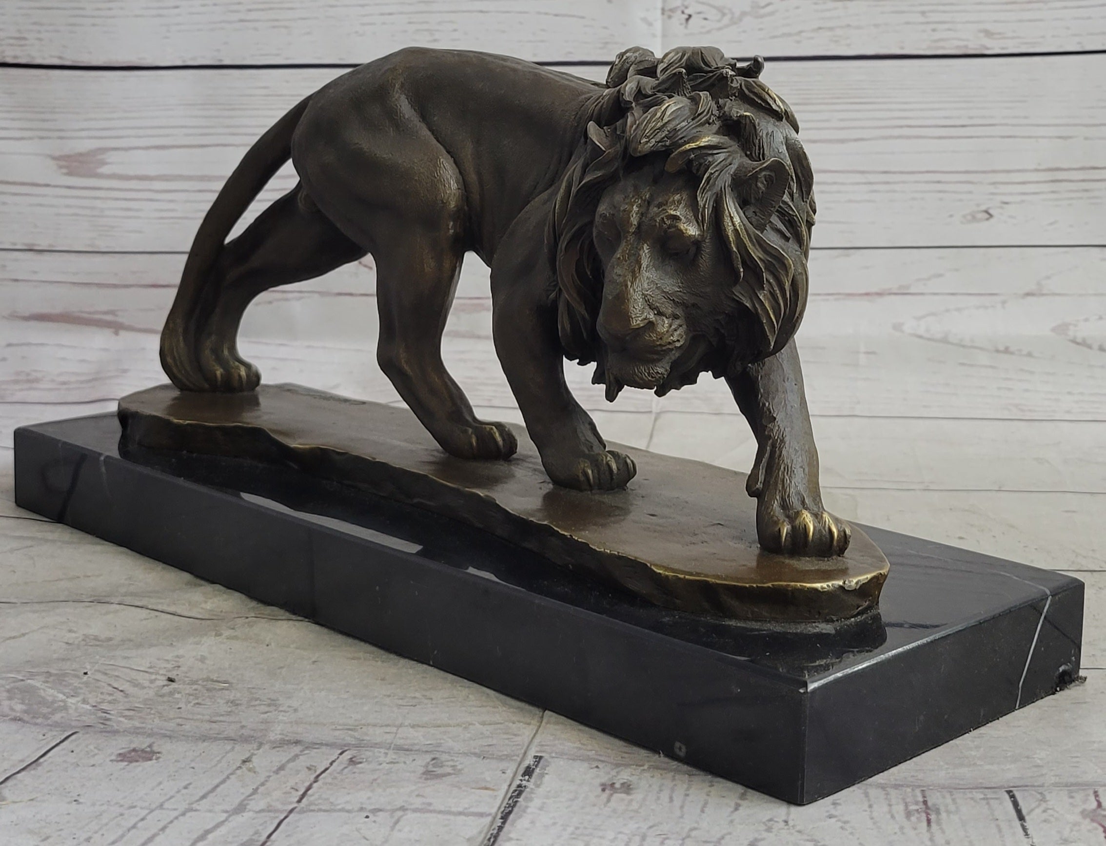 Male Lion Stalking Prey Bronze Sculpture Statue Signed Art on Marble Base