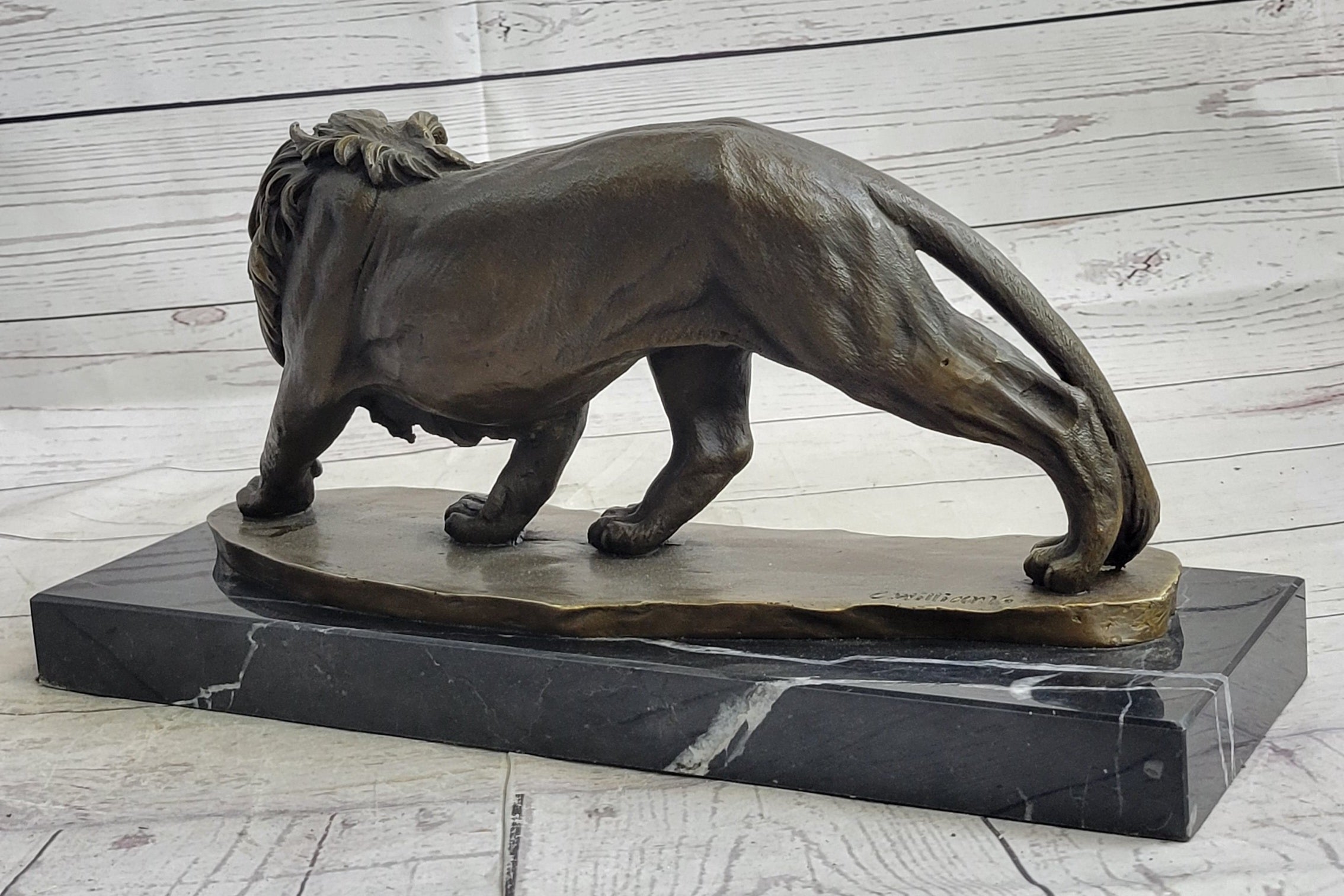 Male Lion Stalking Prey Bronze Sculpture Statue Signed Art on Marble Base