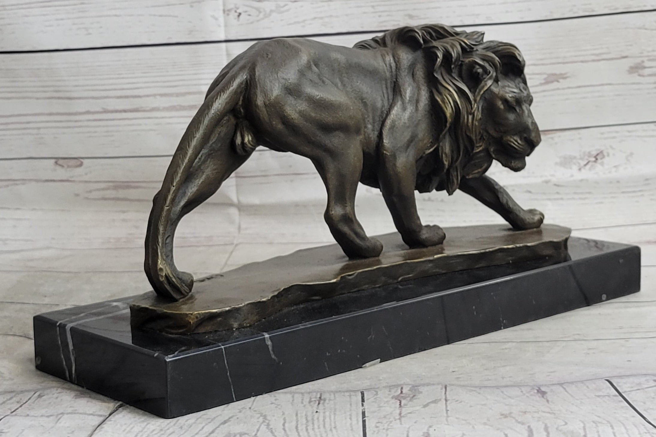 Male Lion Stalking Prey Bronze Sculpture Statue Signed Art on Marble Base