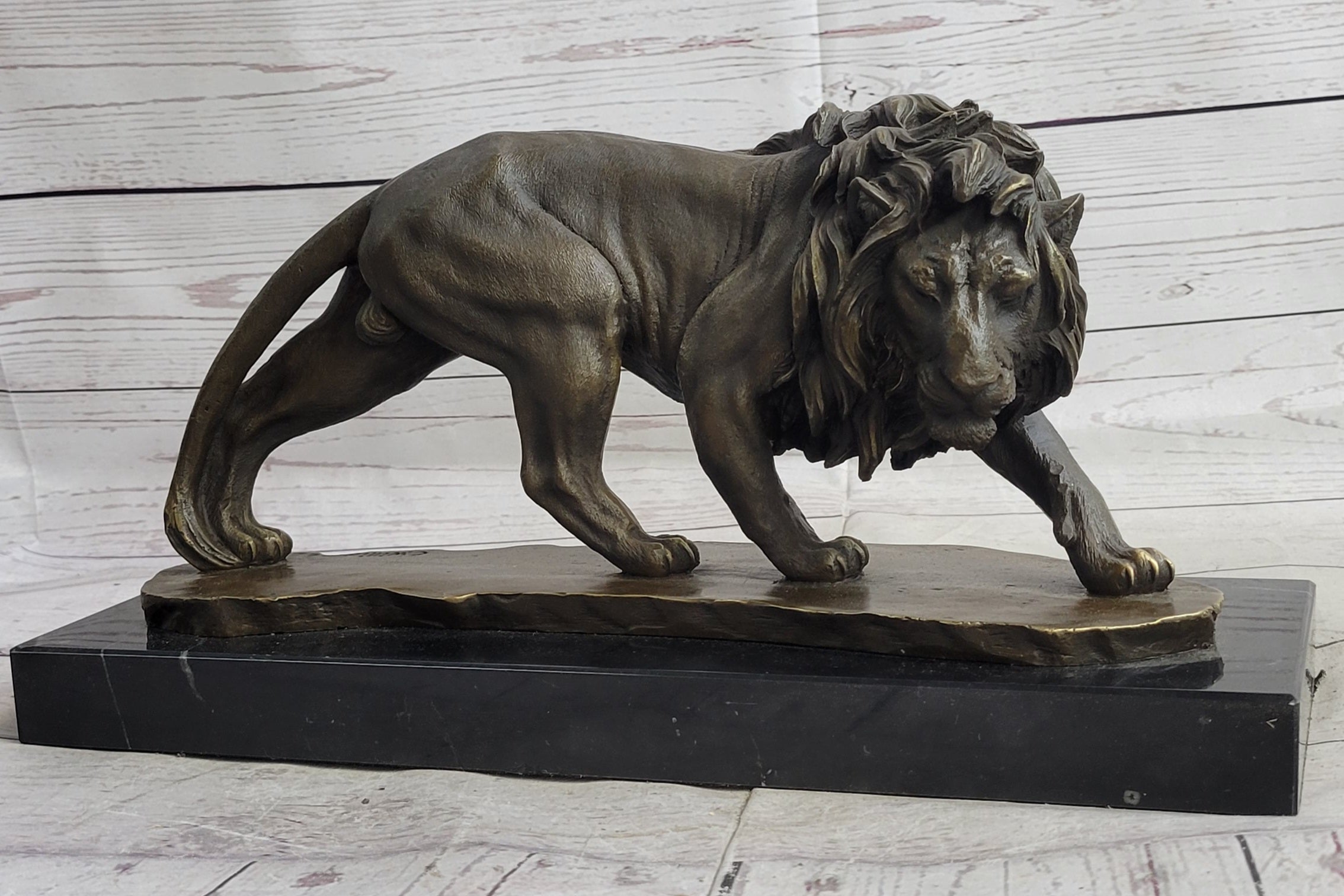 Male Lion Stalking Prey Bronze Sculpture Statue Signed Art on Marble Base
