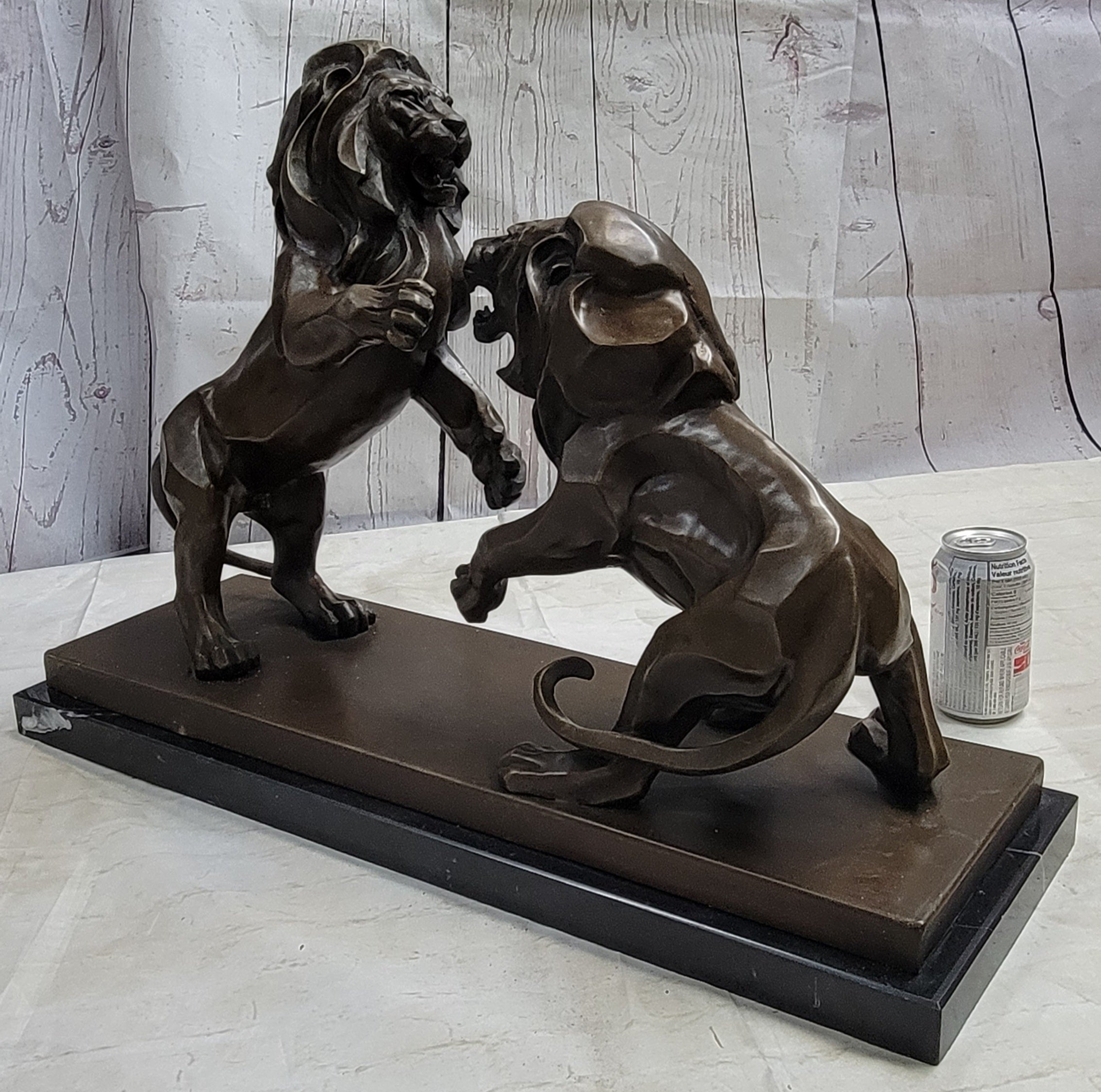 Two Guardian Lions Bronze Sculpture Statue Decor on Marble Base by Antoine Barye