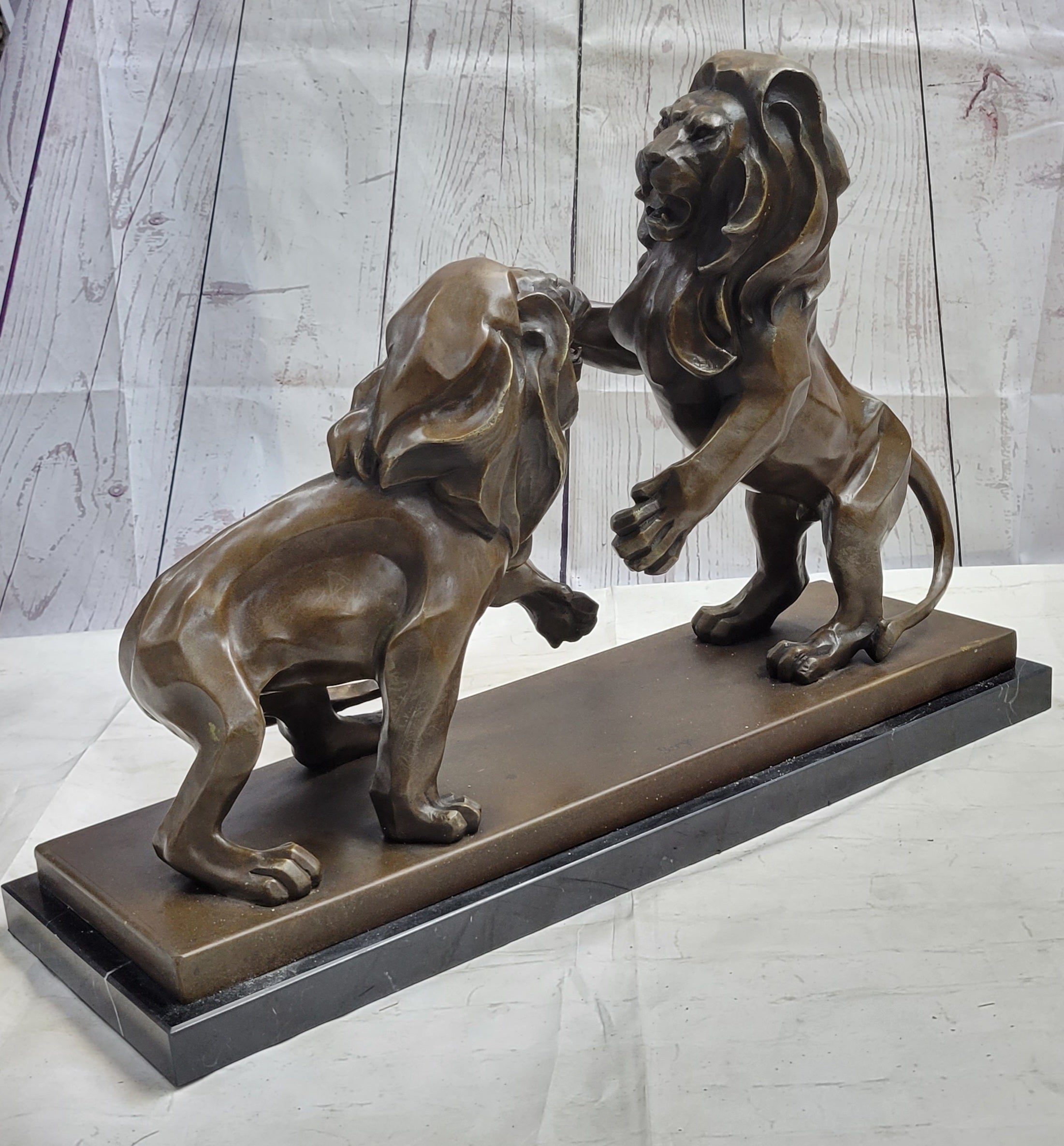 Two Guardian Lions Bronze Sculpture Statue Decor on Marble Base by Antoine Barye