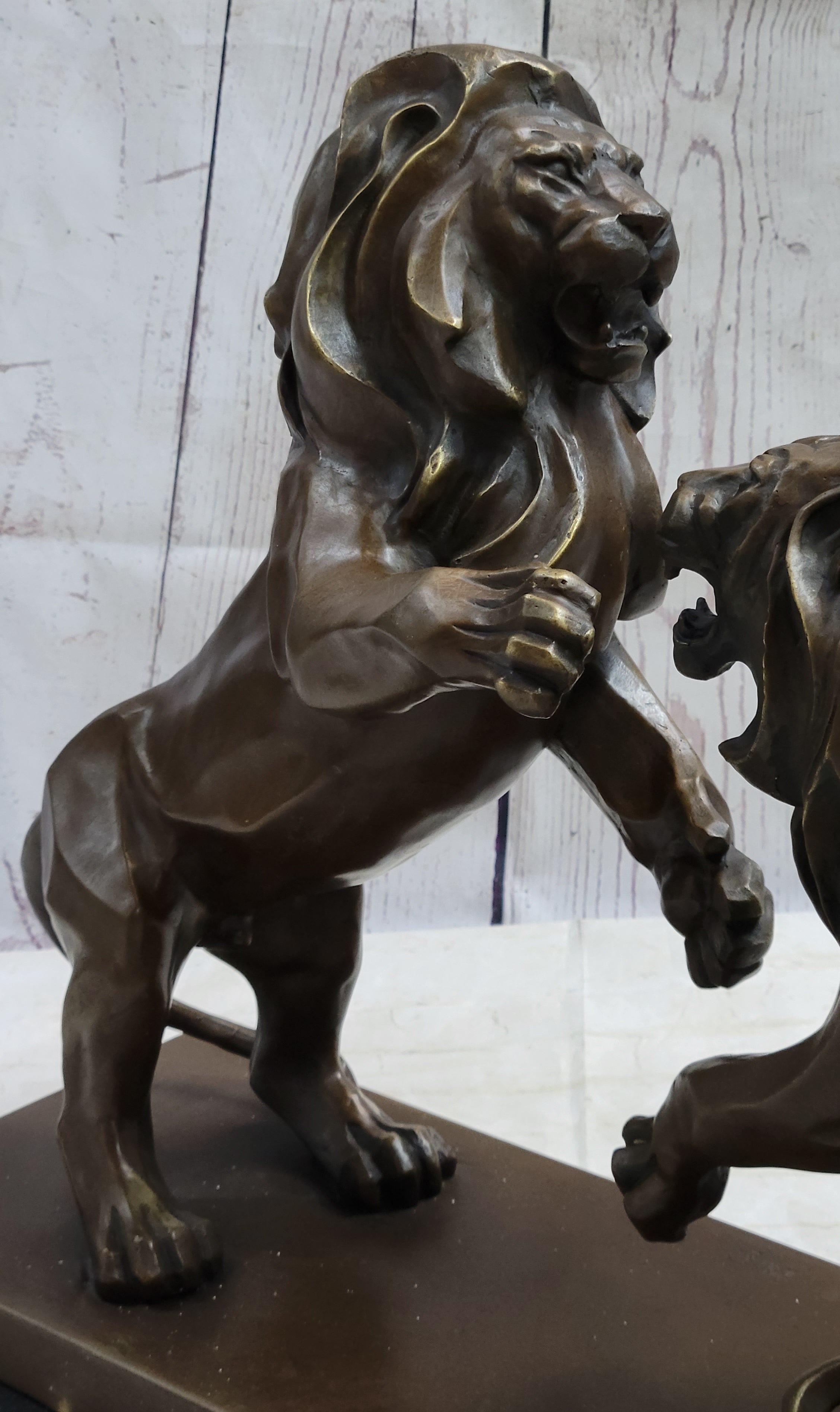 Two Guardian Lions Bronze Sculpture Statue Decor on Marble Base by Antoine Barye