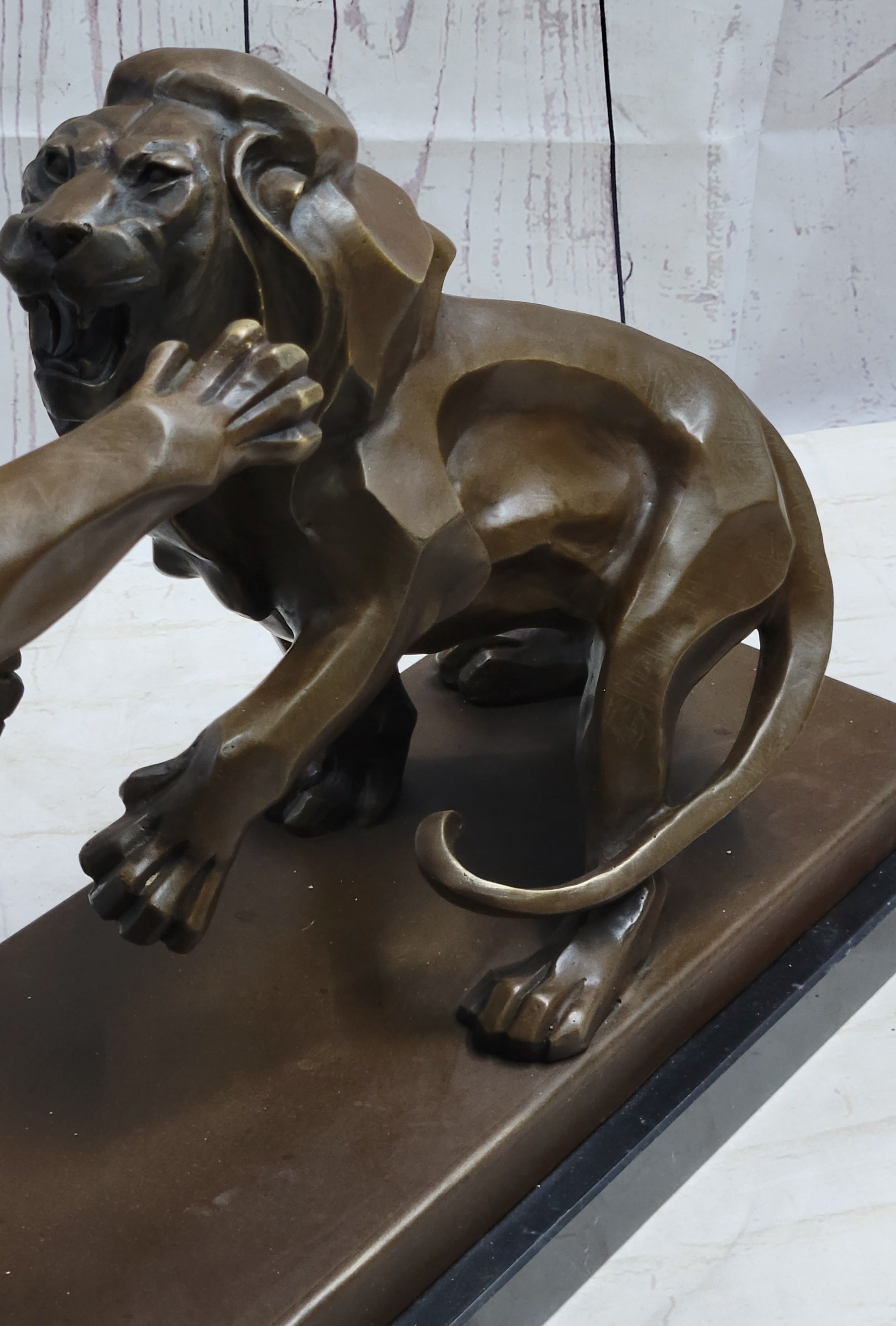 Two Guardian Lions Bronze Sculpture Statue Decor on Marble Base by Antoine Barye