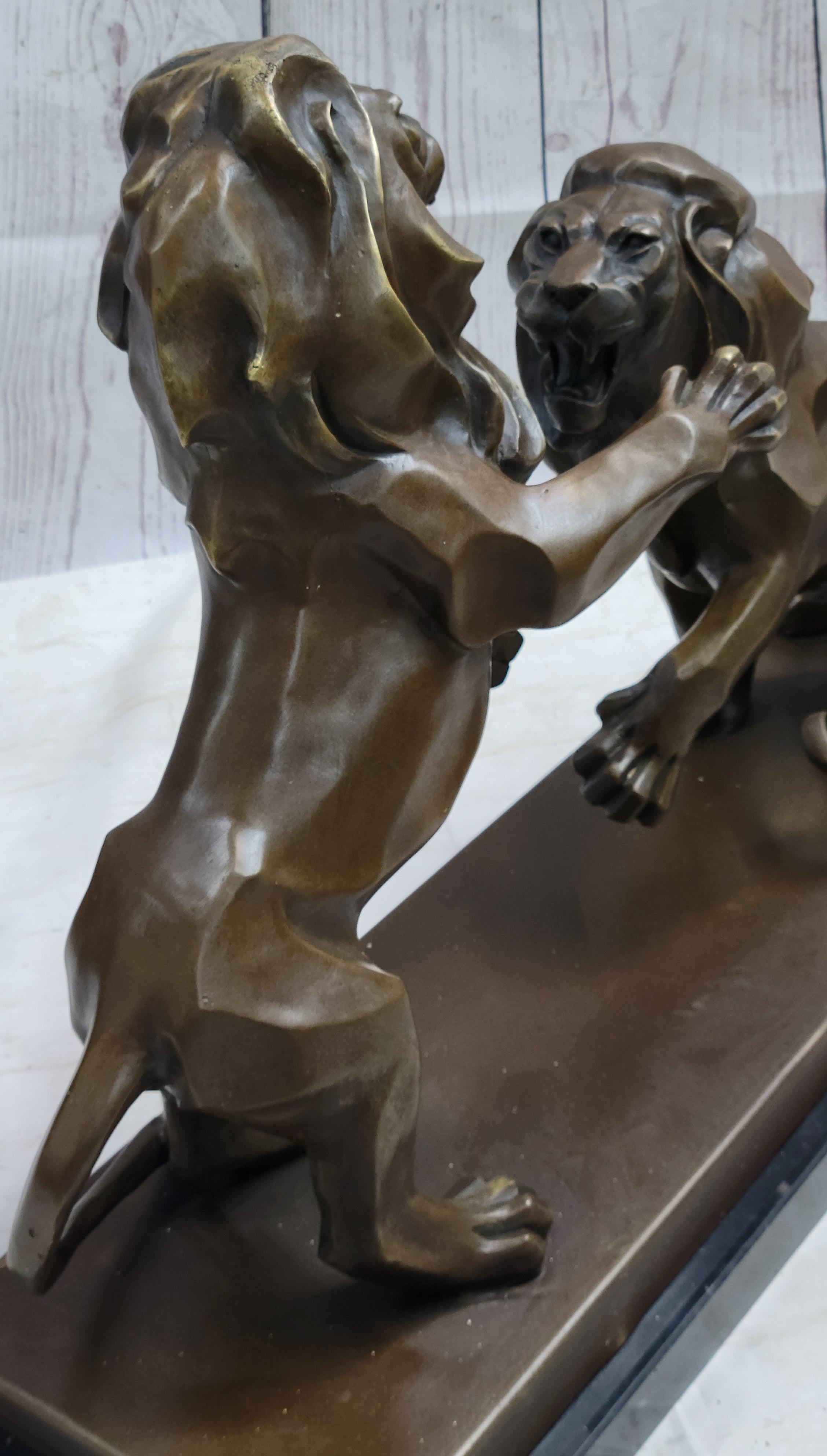 Two Guardian Lions Bronze Sculpture Statue Decor on Marble Base by Antoine Barye