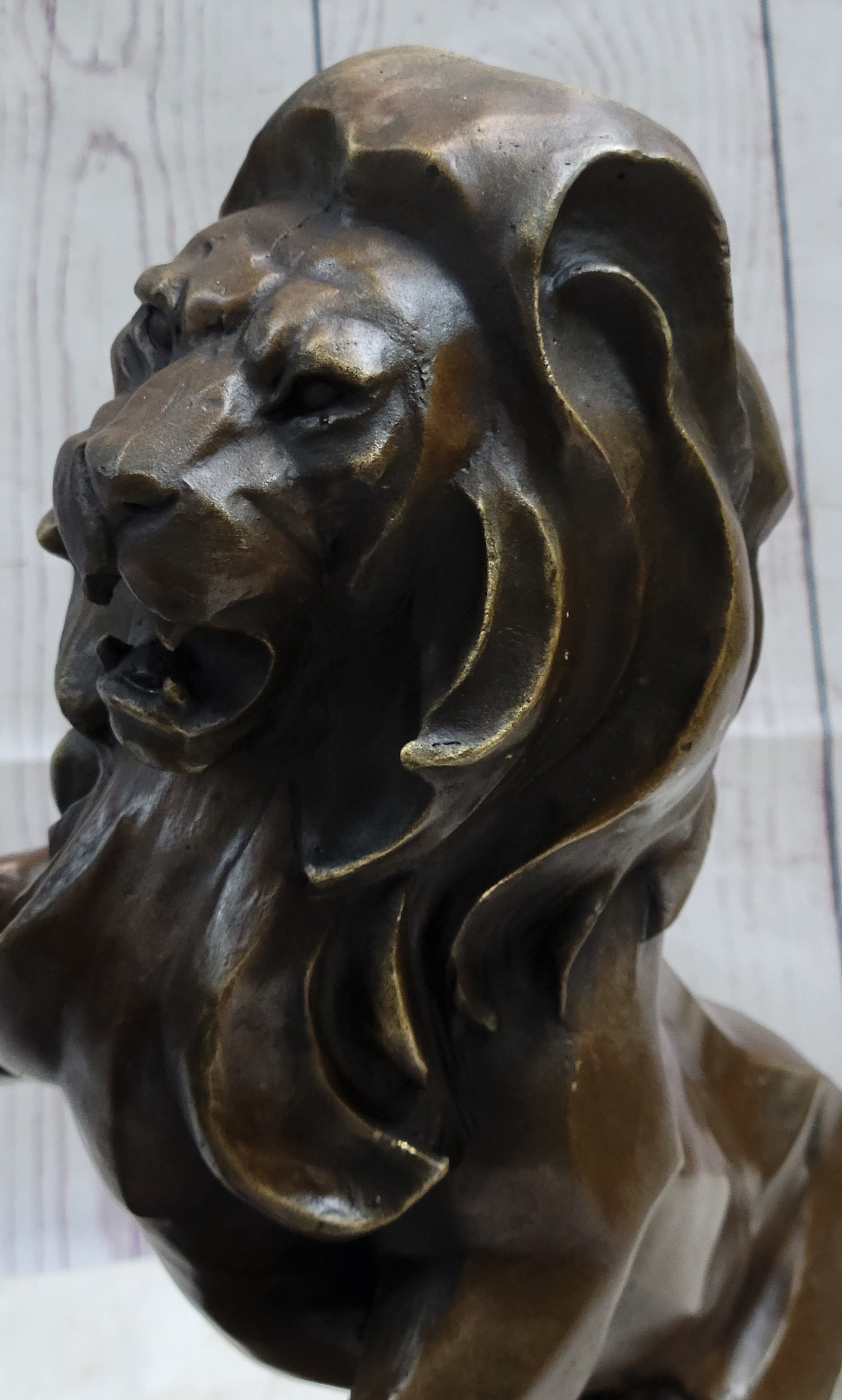 Two Guardian Lions Bronze Sculpture Statue Decor on Marble Base by Antoine Barye