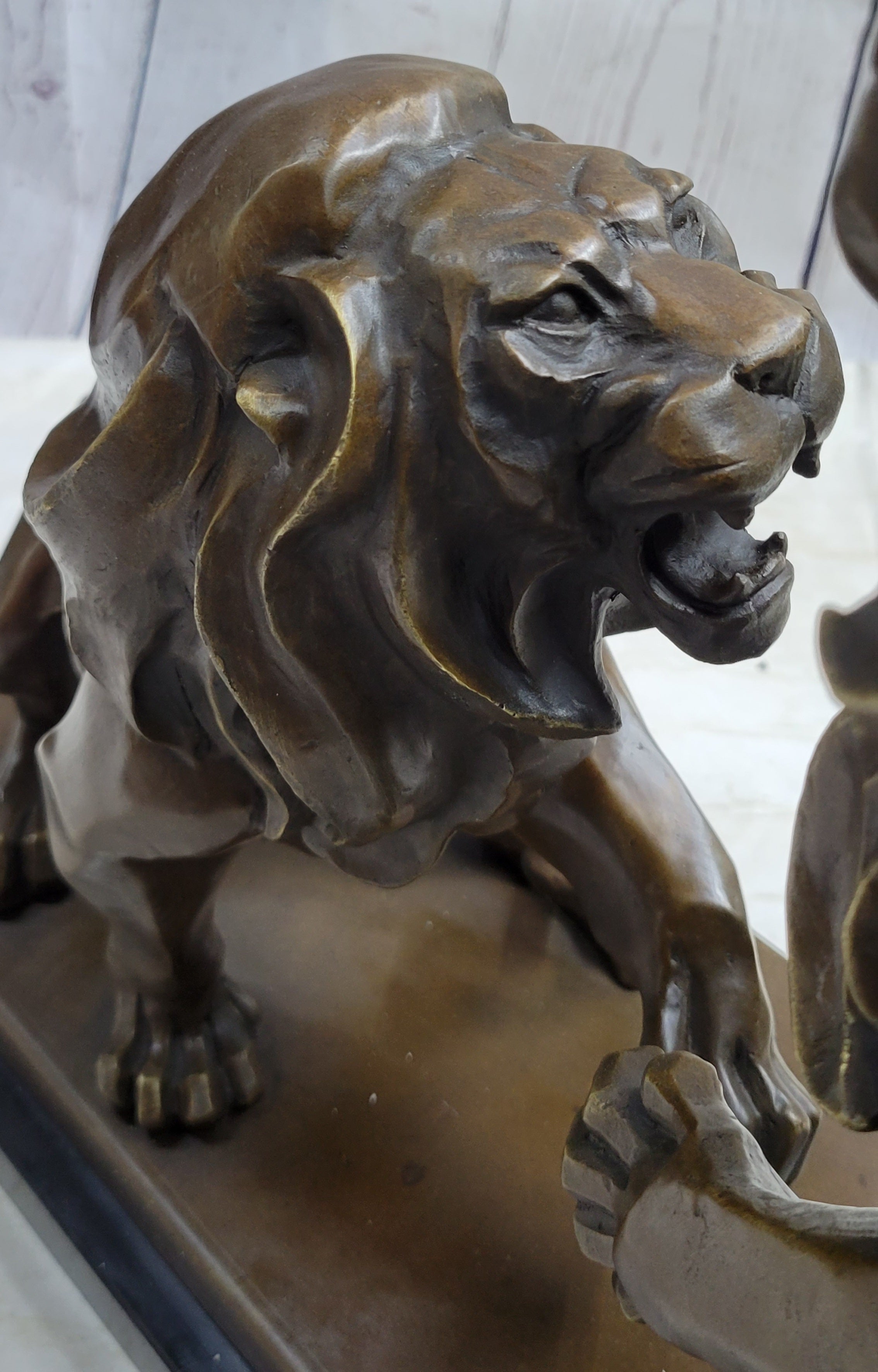 Two Guardian Lions Bronze Sculpture Statue Decor on Marble Base by Antoine Barye