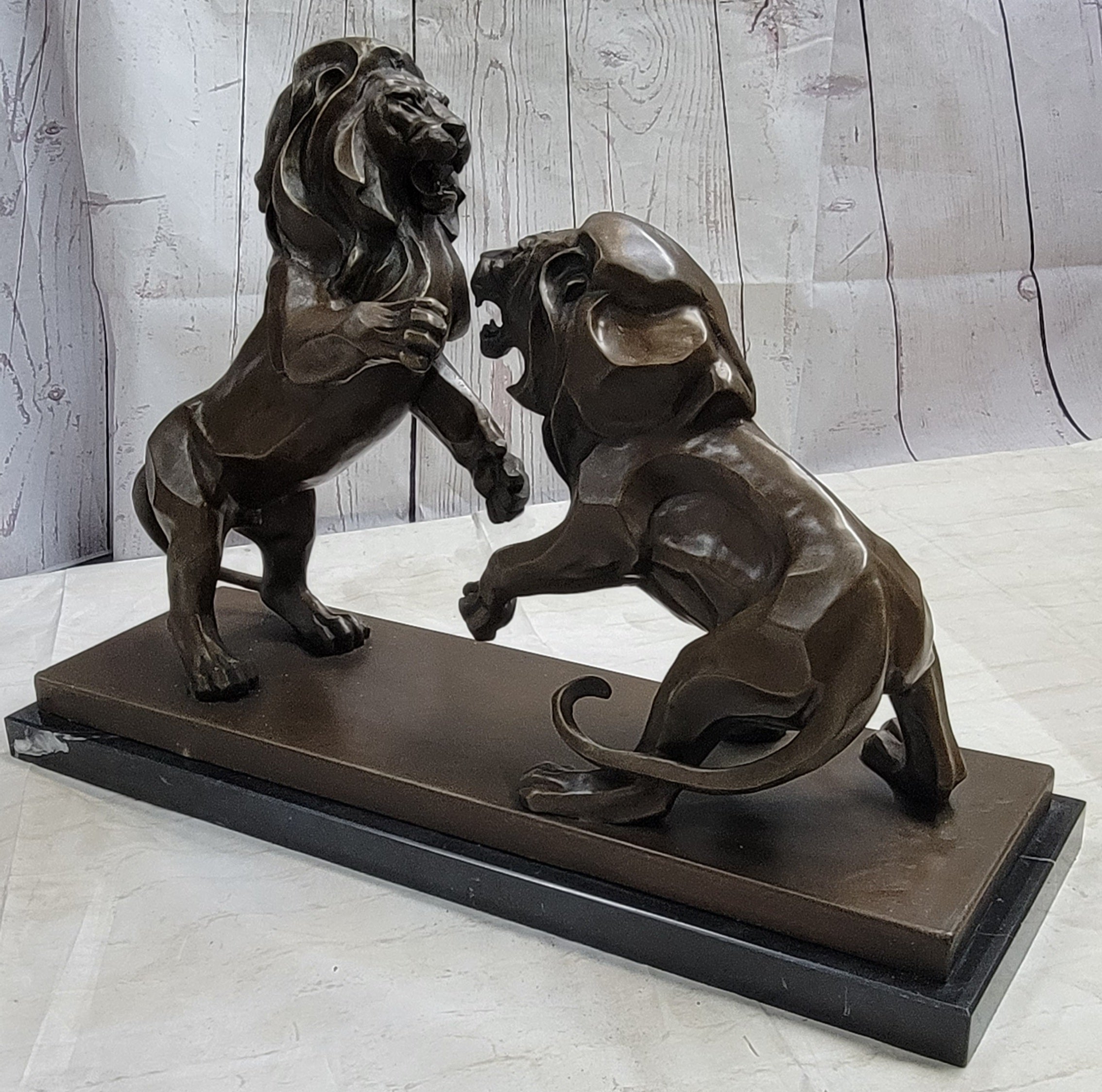 Two Guardian Lions Bronze Sculpture Statue Decor on Marble Base by Antoine Barye