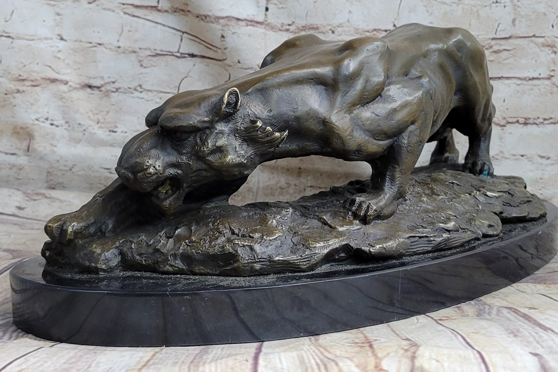Waking Panther Mountain Lion Puma Big Cat Bronze Statue Sculpture on Marble Base