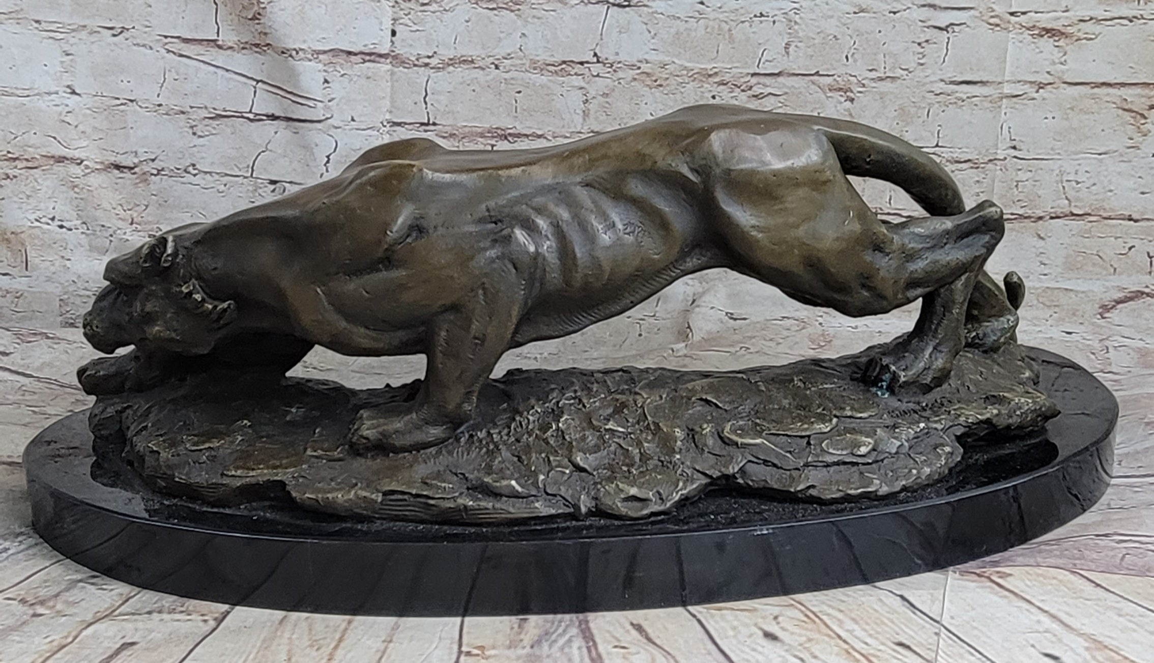 Waking Panther Mountain Lion Puma Big Cat Bronze Statue Sculpture on Marble Base