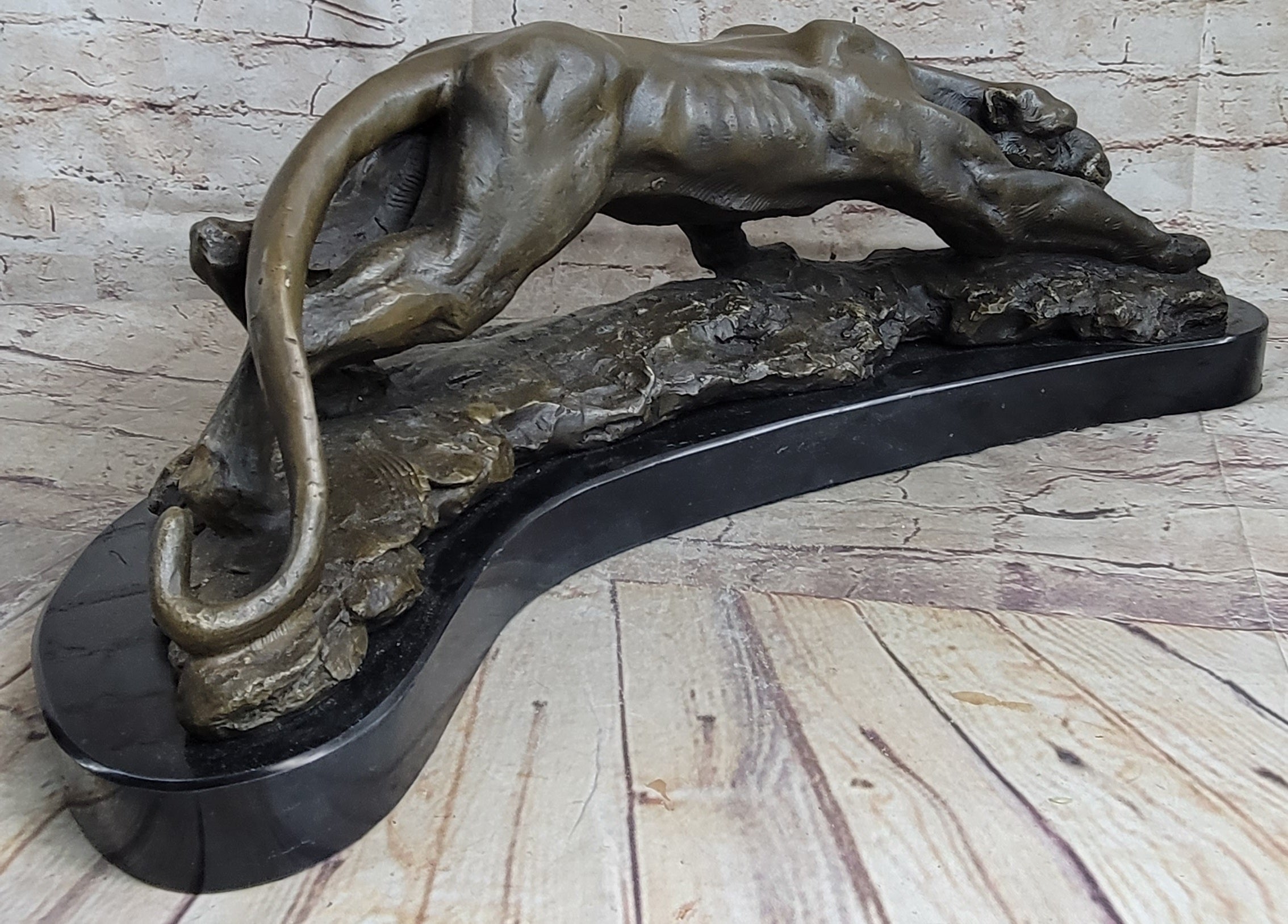 Waking Panther Mountain Lion Puma Big Cat Bronze Statue Sculpture on Marble Base