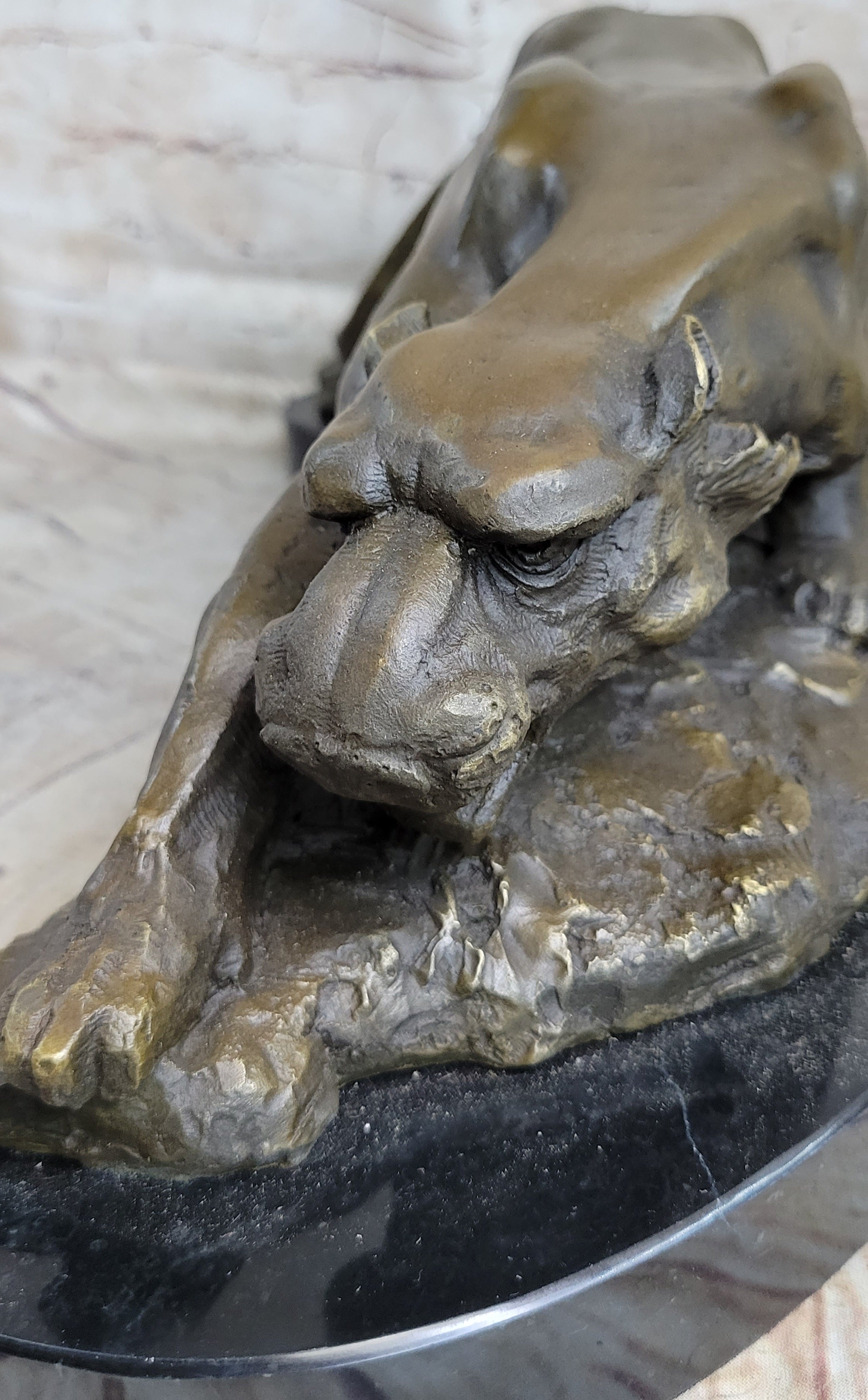 Waking Panther Mountain Lion Puma Big Cat Bronze Statue Sculpture on Marble Base