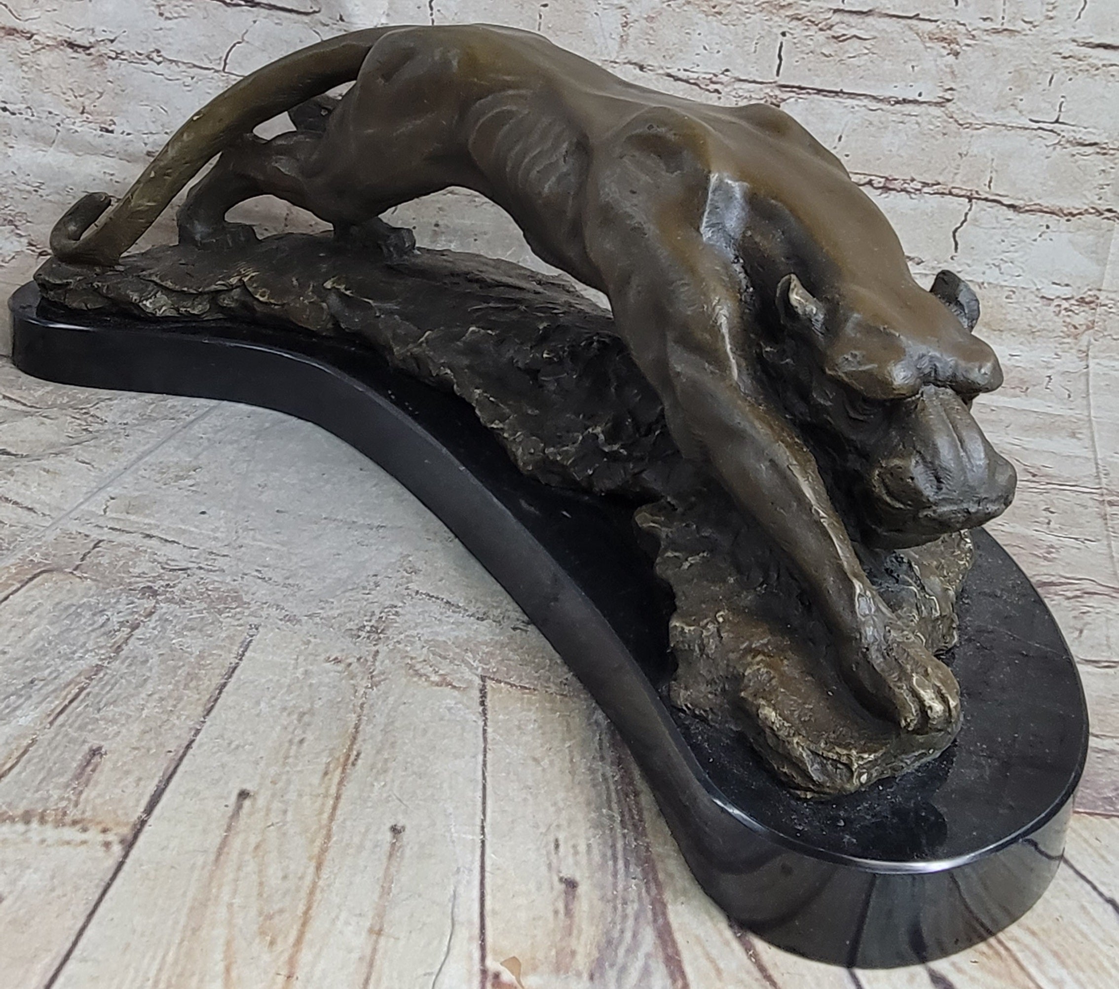 Waking Panther Mountain Lion Puma Big Cat Bronze Statue Sculpture on Marble Base