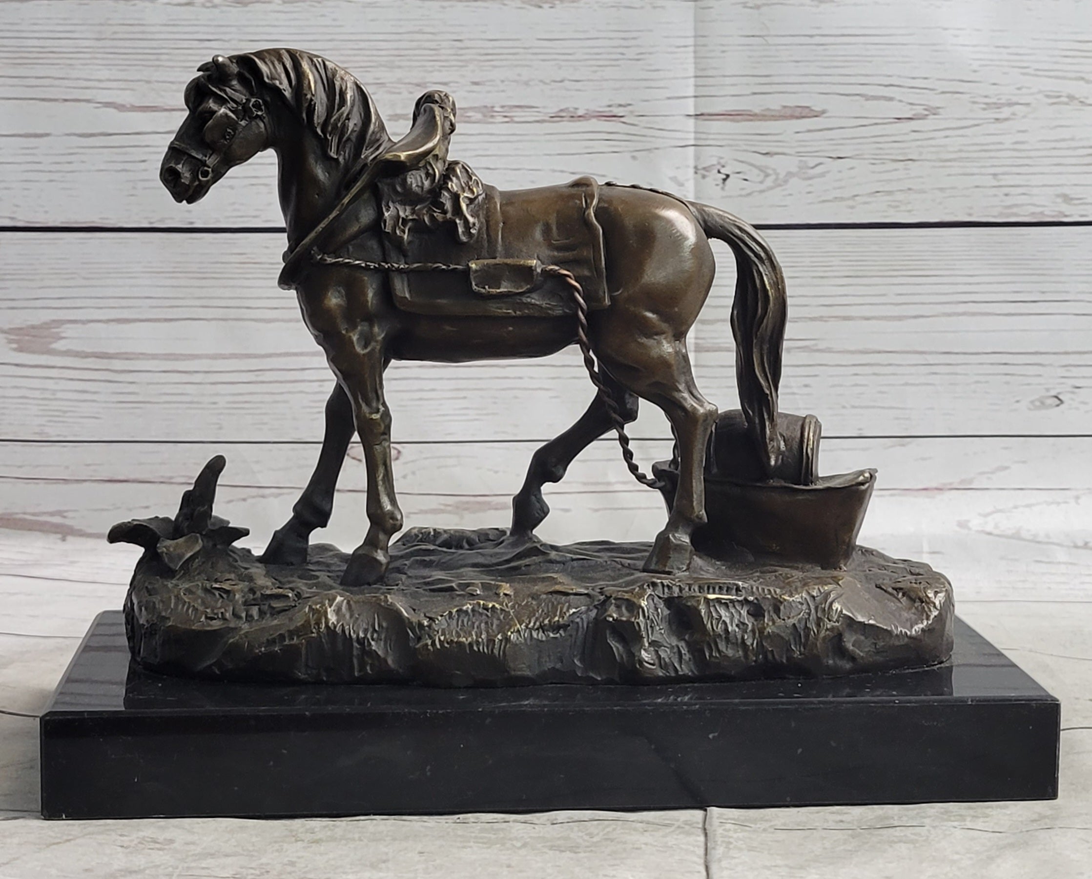 Working Draft Horse Bronze Sculpture Statue Figure Signed Art on Marble Base