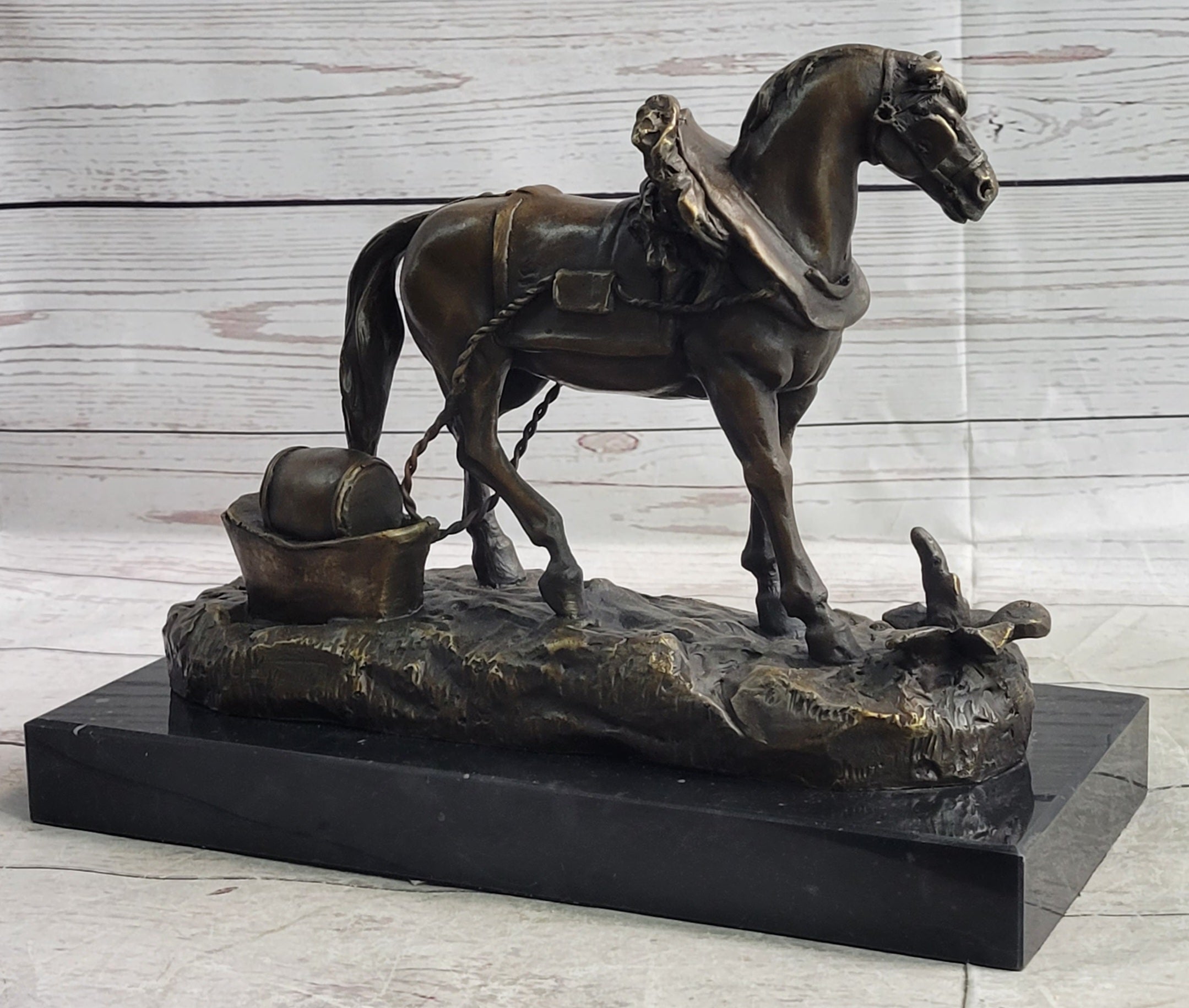 Working Draft Horse Bronze Sculpture Statue Figure Signed Art on Marble Base