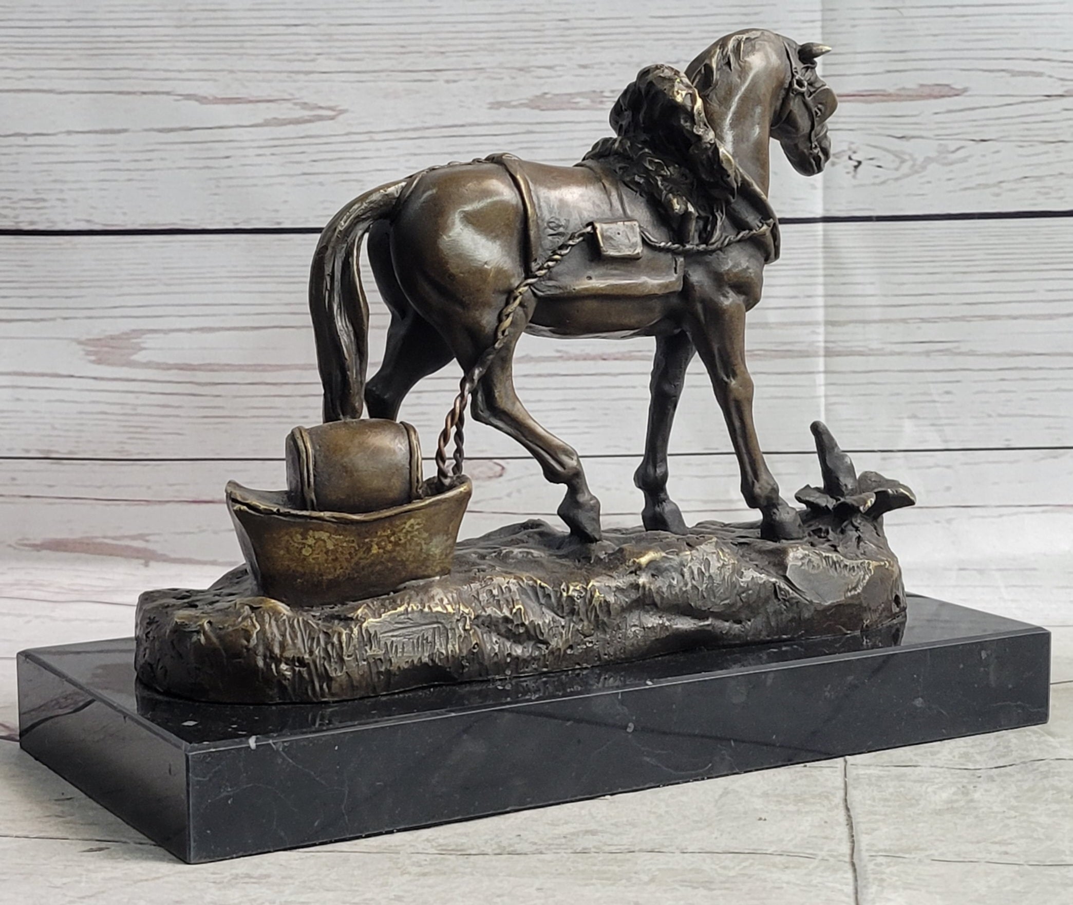 Working Draft Horse Bronze Sculpture Statue Figure Signed Art on Marble Base