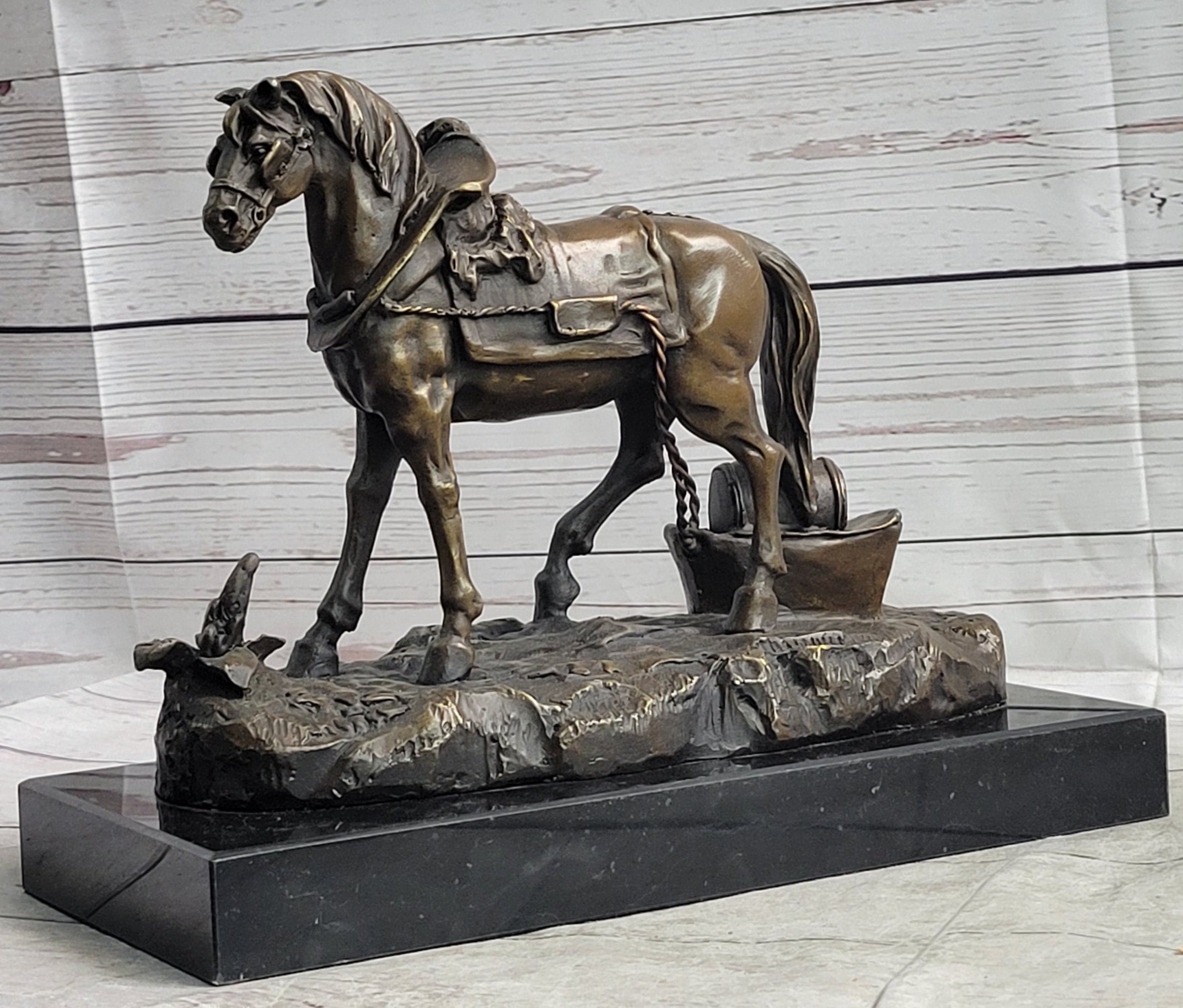 Working Draft Horse Bronze Sculpture Statue Figure Signed Art on Marble Base