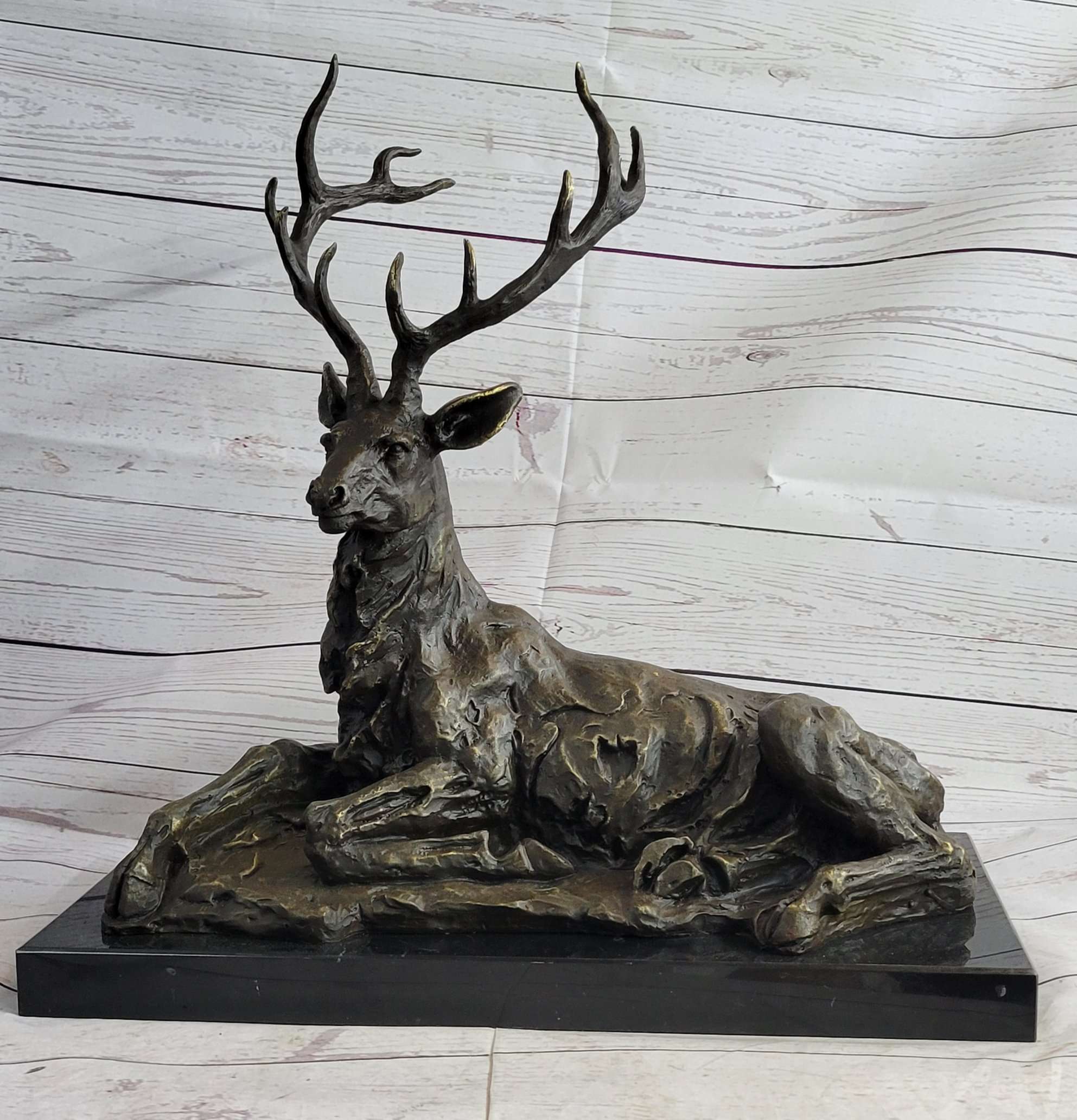 Handmade Stag Elk Deer Buck Hunter Bronze Marble Statue Sportsman Wildlife Art