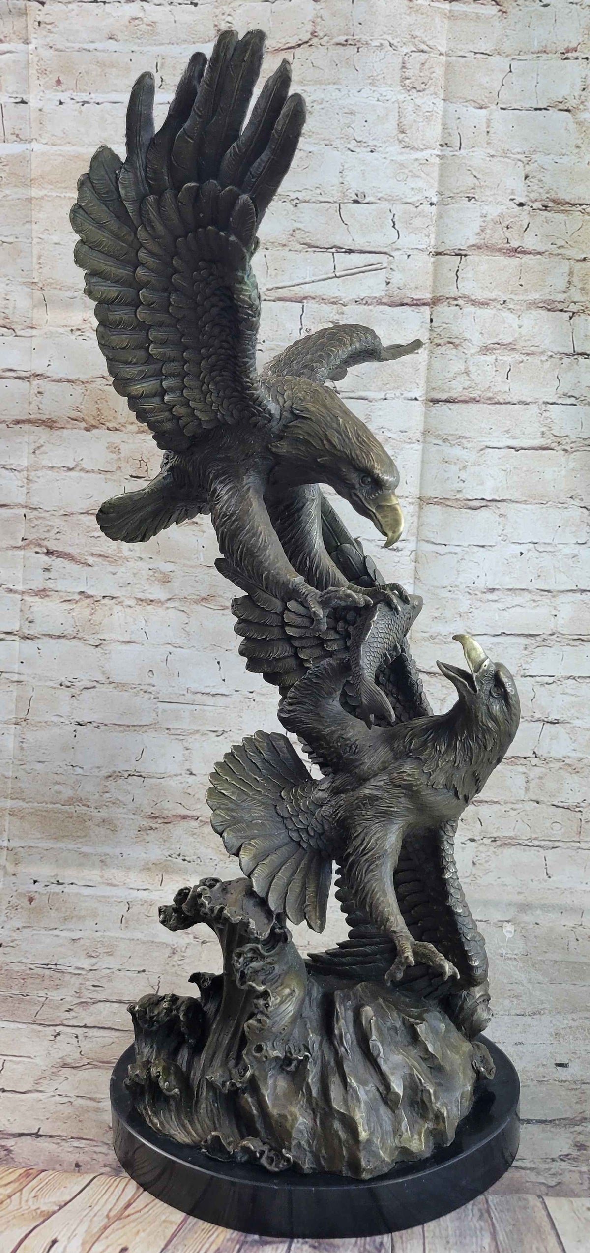 Fighting Eagles Birds Bronze Statue Sculpture Figure Signed Original Marble Base