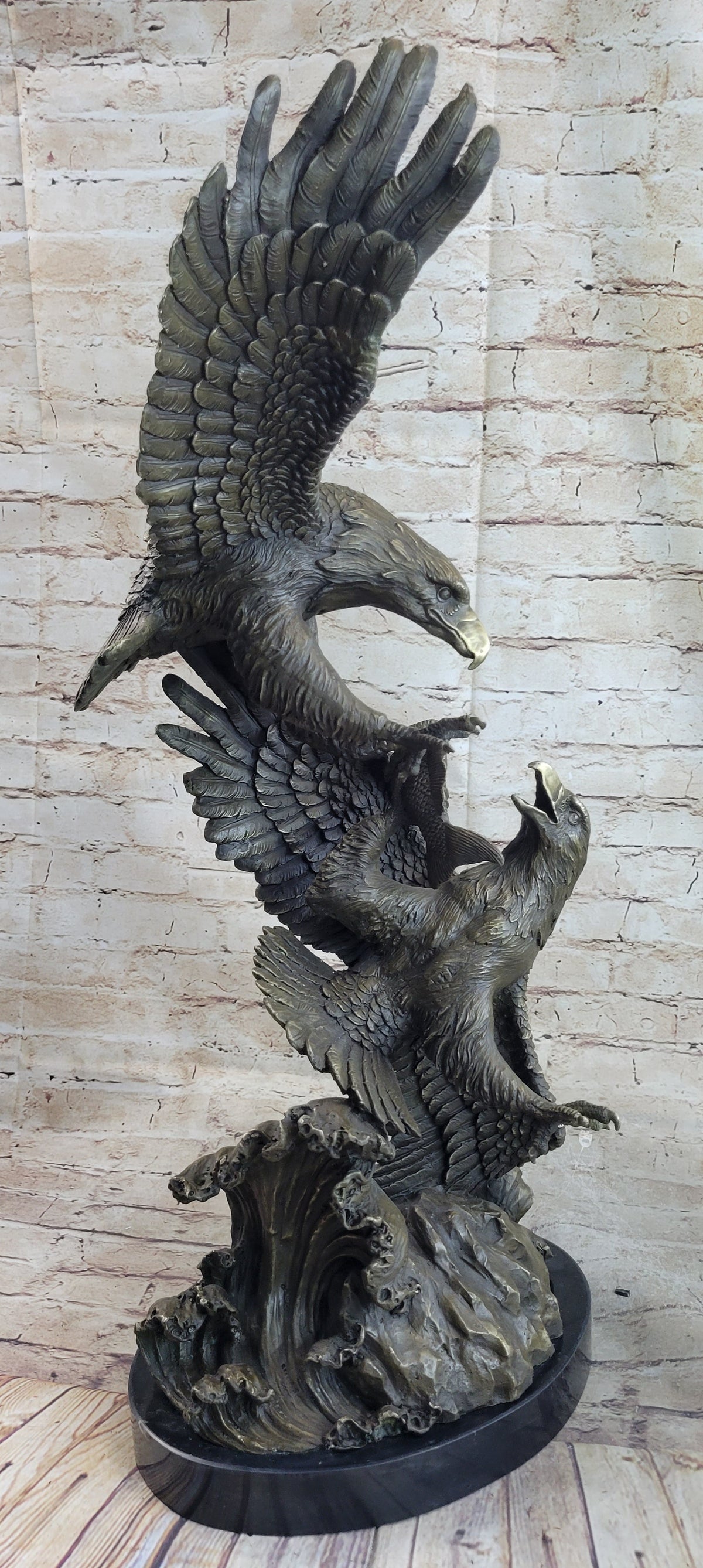 Fighting Eagles Birds Bronze Statue Sculpture Figure Signed Original Marble Base