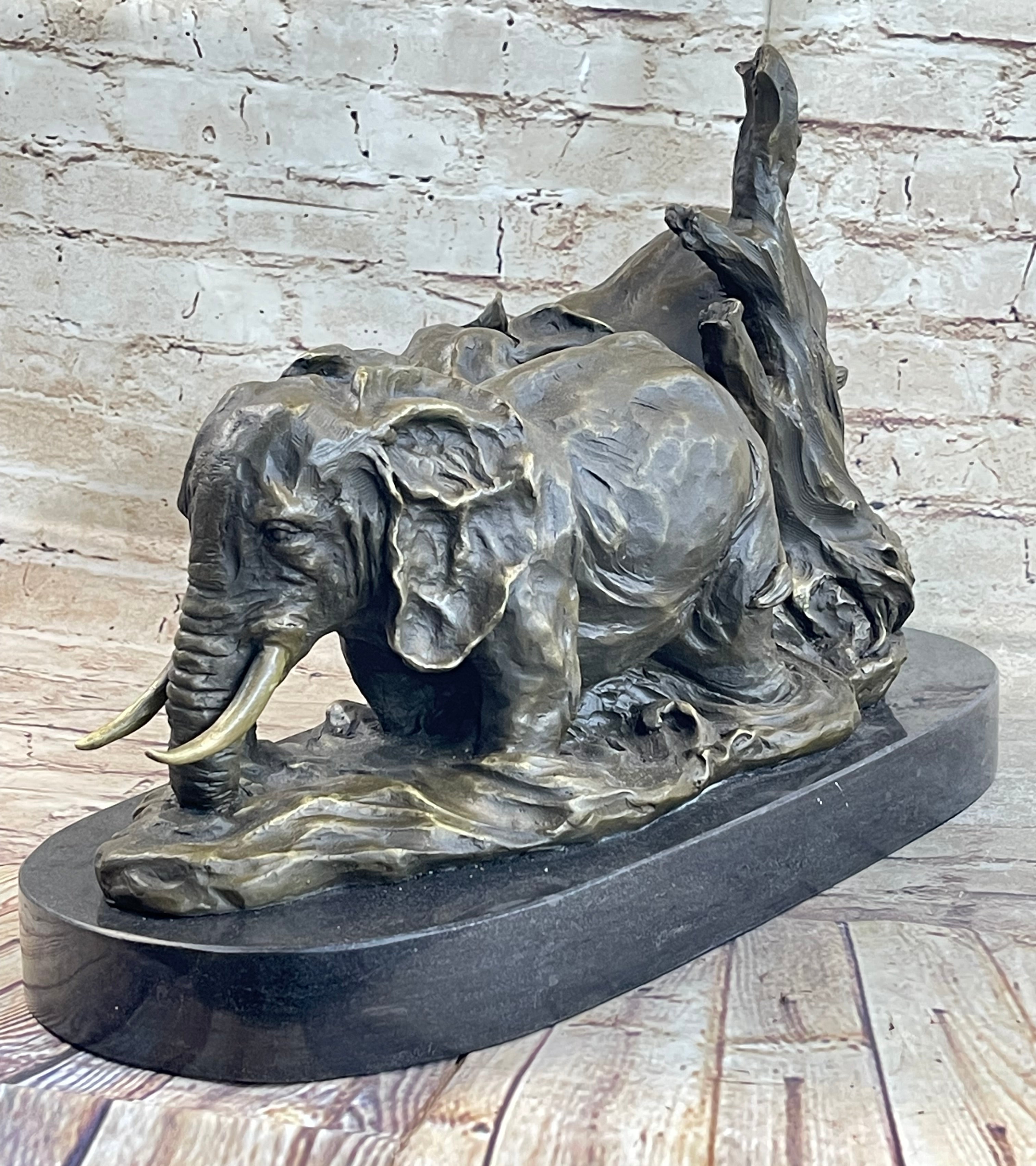 Hot Cast Bronze Sculpture Statue of Two Elephants on Marble Base