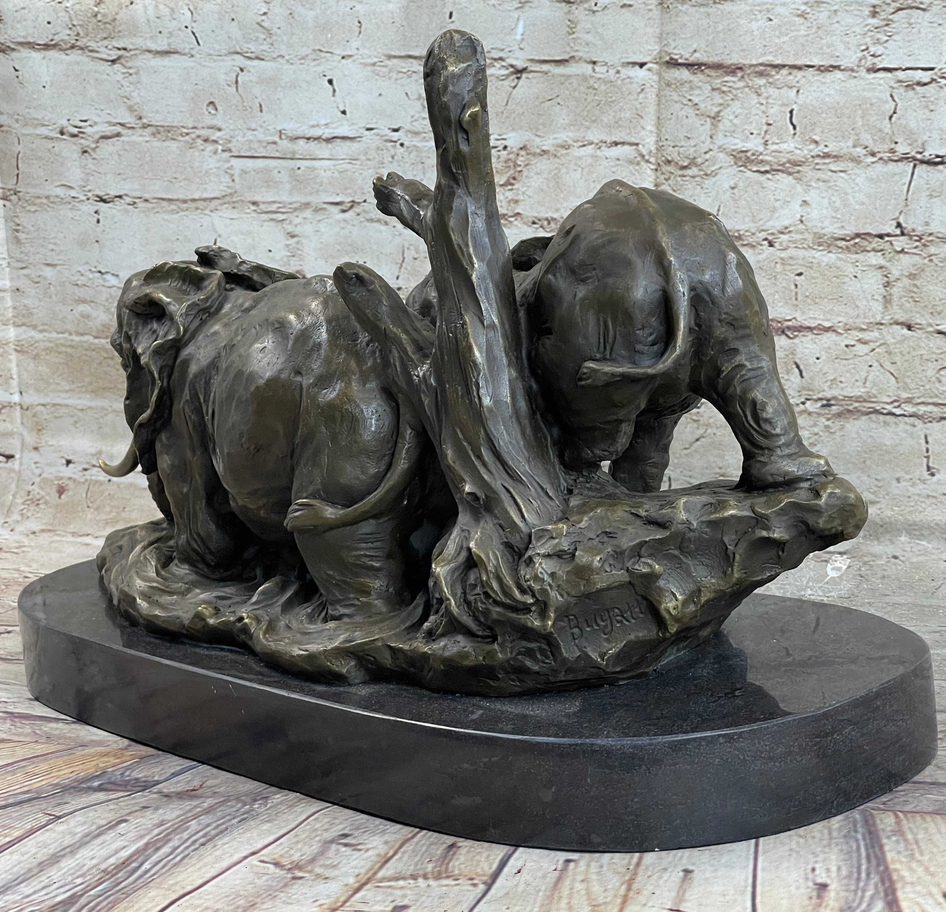 Hot Cast Bronze Sculpture Statue of Two Elephants on Marble Base