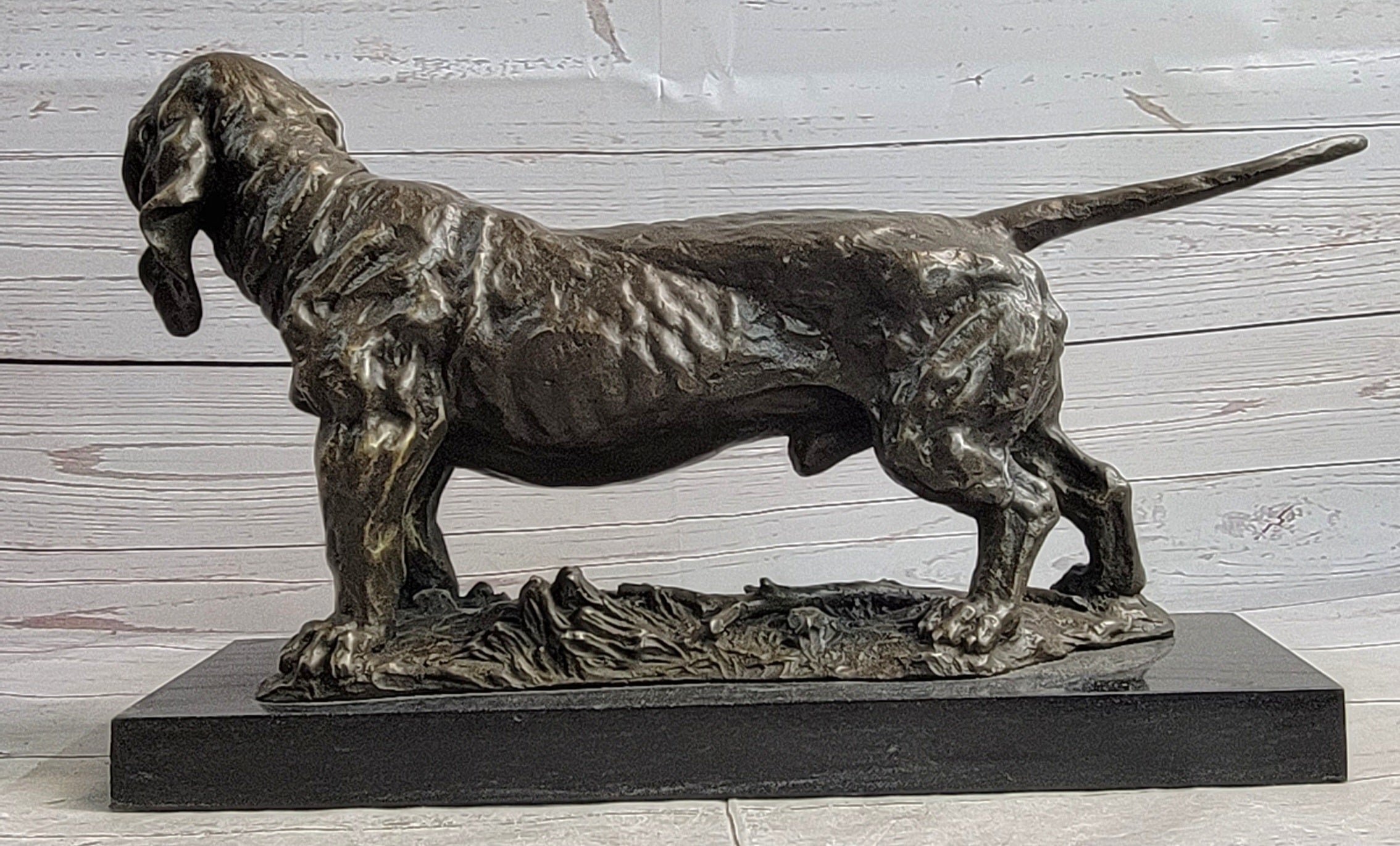 Basset Hound Dog Figure Art Deco Bronze Sculpture on Marble Base Figurine Gift