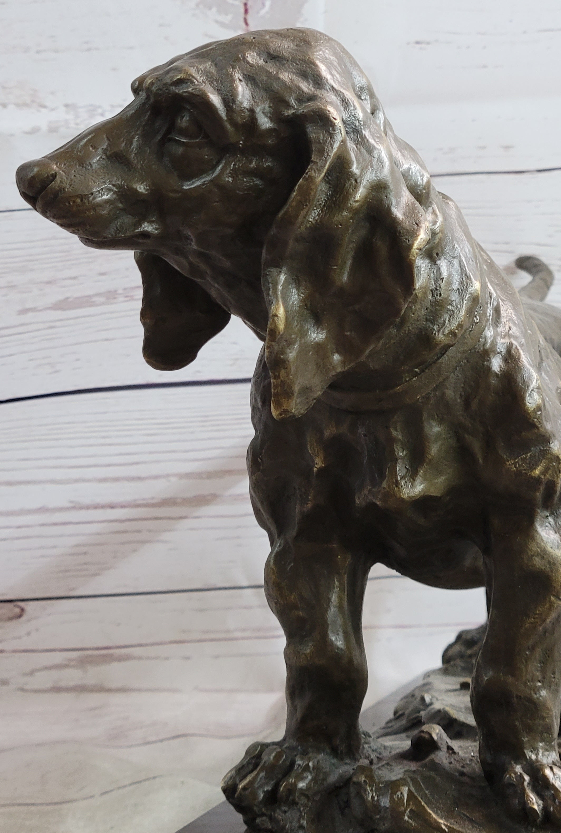 Basset Hound Dog Figure Art Deco Bronze Sculpture on Marble Base Figurine Gift