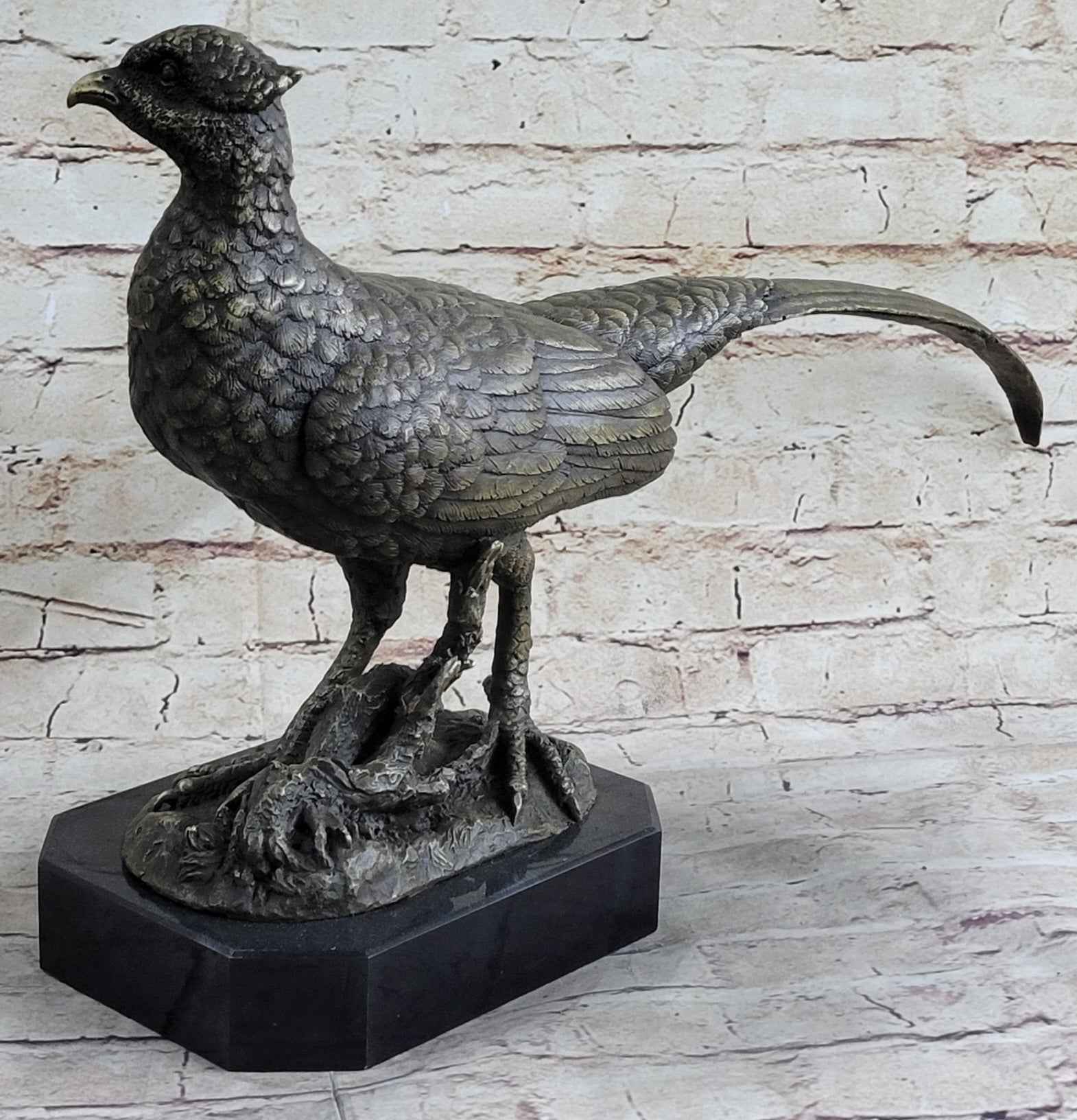 Pheasant Grouse Game Bird Hunter Bronze Marble Statue Sculpture Wildlife Trophy