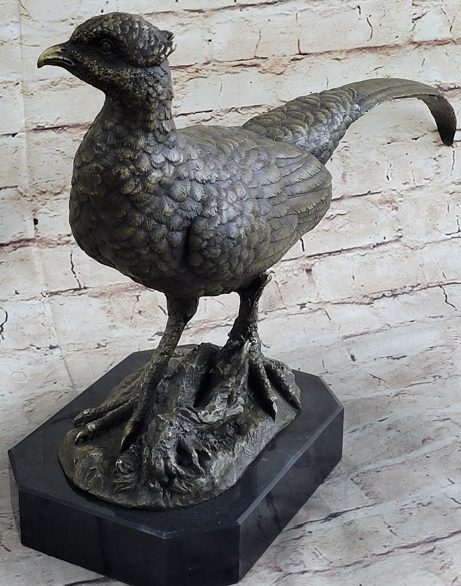 Pheasant Grouse Game Bird Hunter Bronze Marble Statue Sculpture Wildlife Trophy