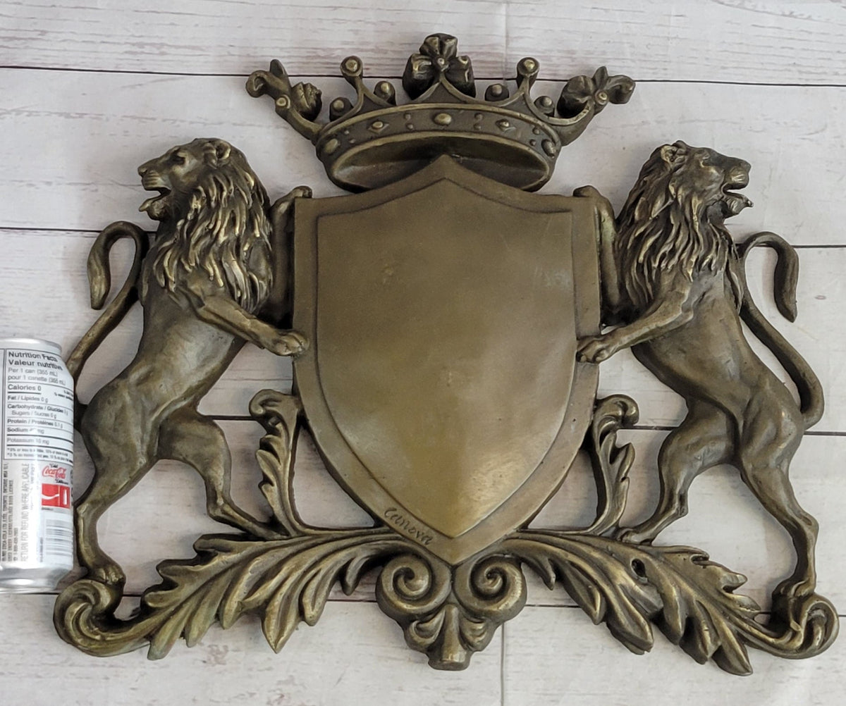 Coat of Arms Family Crest Lions Crown Bronze Wall Mounted Hanging Sculpture 13" x 16"