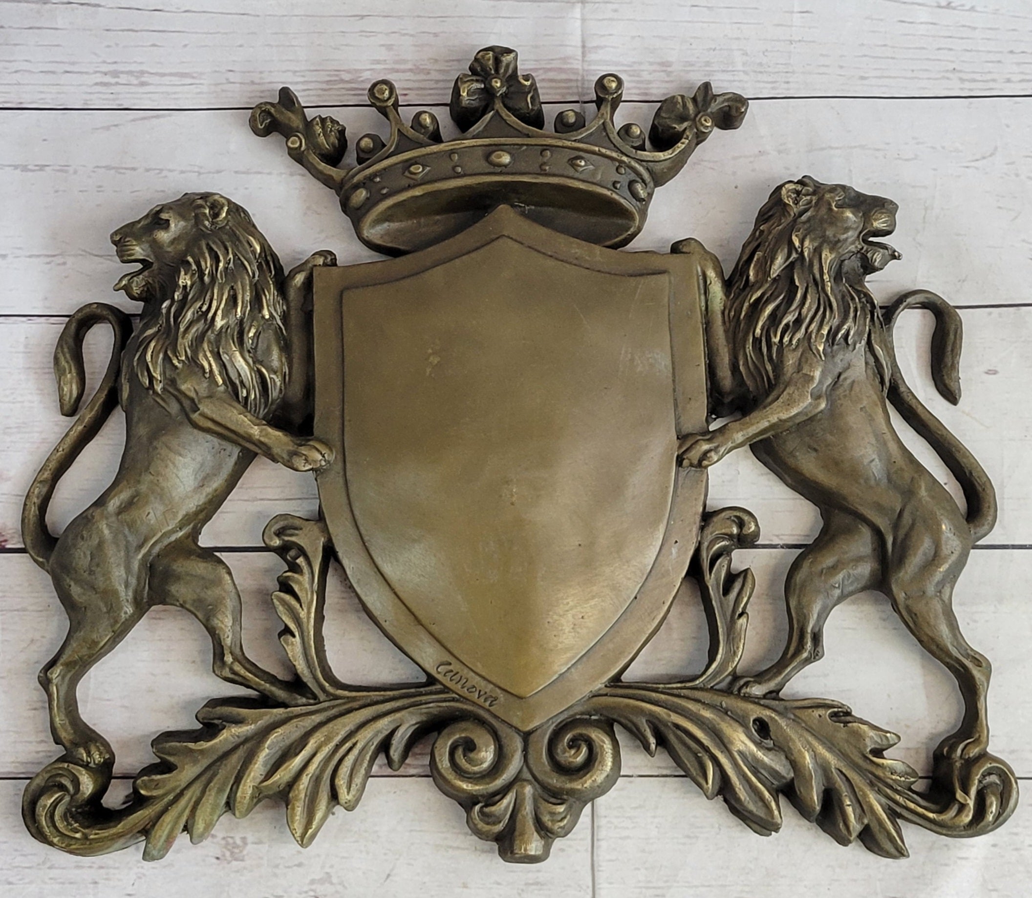 Coat of Arms Family Crest Lions Crown Bronze Wall Mounted Hanging Sculpture 13" x 16"