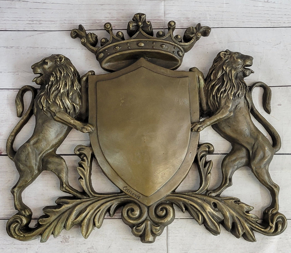 Coat of Arms Family Crest Lions Crown Bronze Wall Mounted Hanging Sculpture 13" x 16"