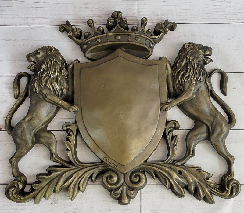 Coat of Arms Family Crest Lions Crown Bronze Wall Mounted Hanging Sculpture 13" x 16"