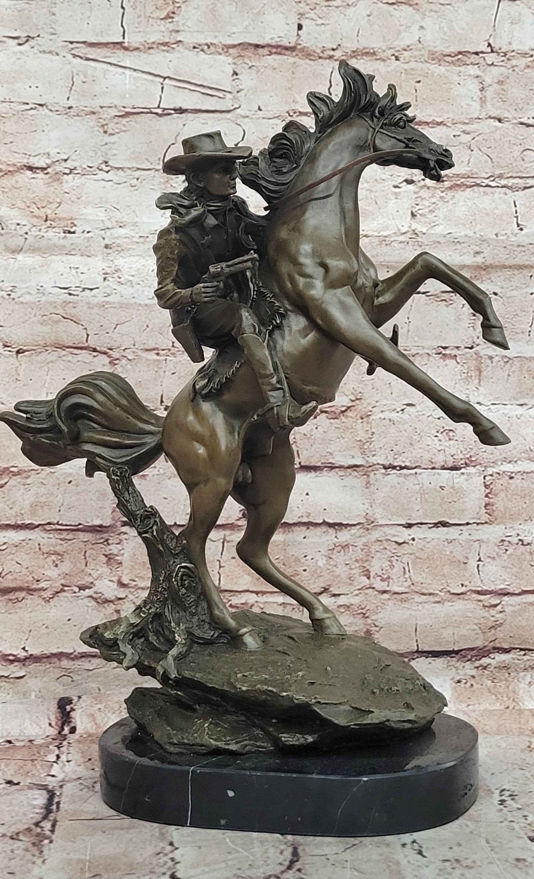 Country Western Wild West Cowboy Gunslinger on Horseback Bronze Sculpture Decor