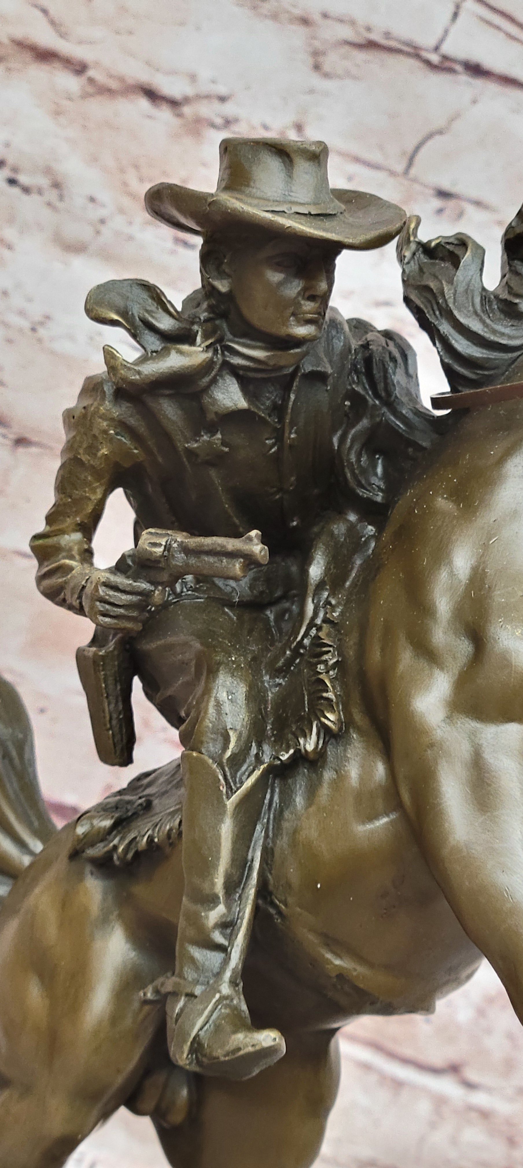 Country Western Wild West Cowboy Gunslinger on Horseback Bronze Sculpture Decor