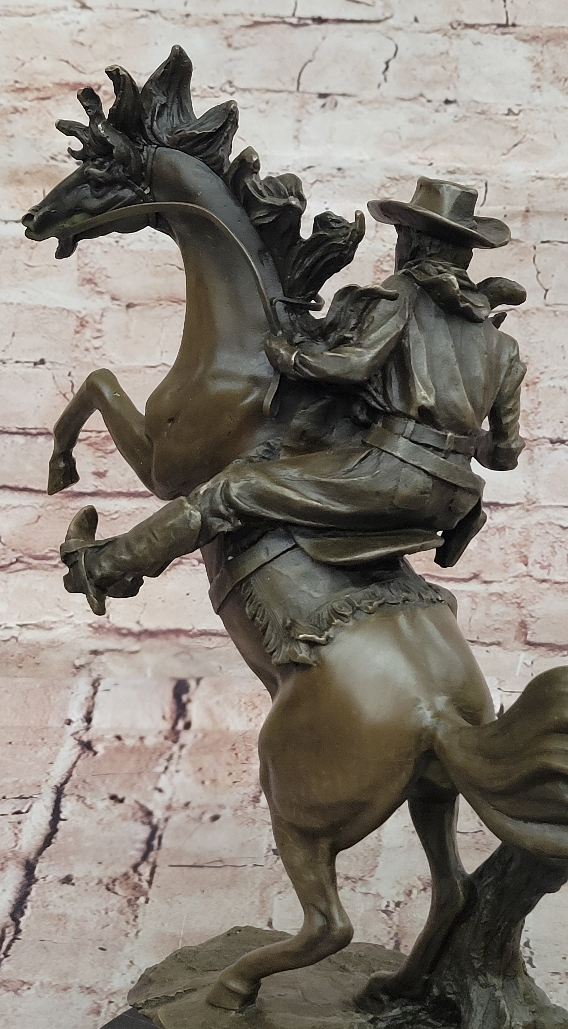 Country Western Wild West Cowboy Gunslinger on Horseback Bronze Sculpture Decor