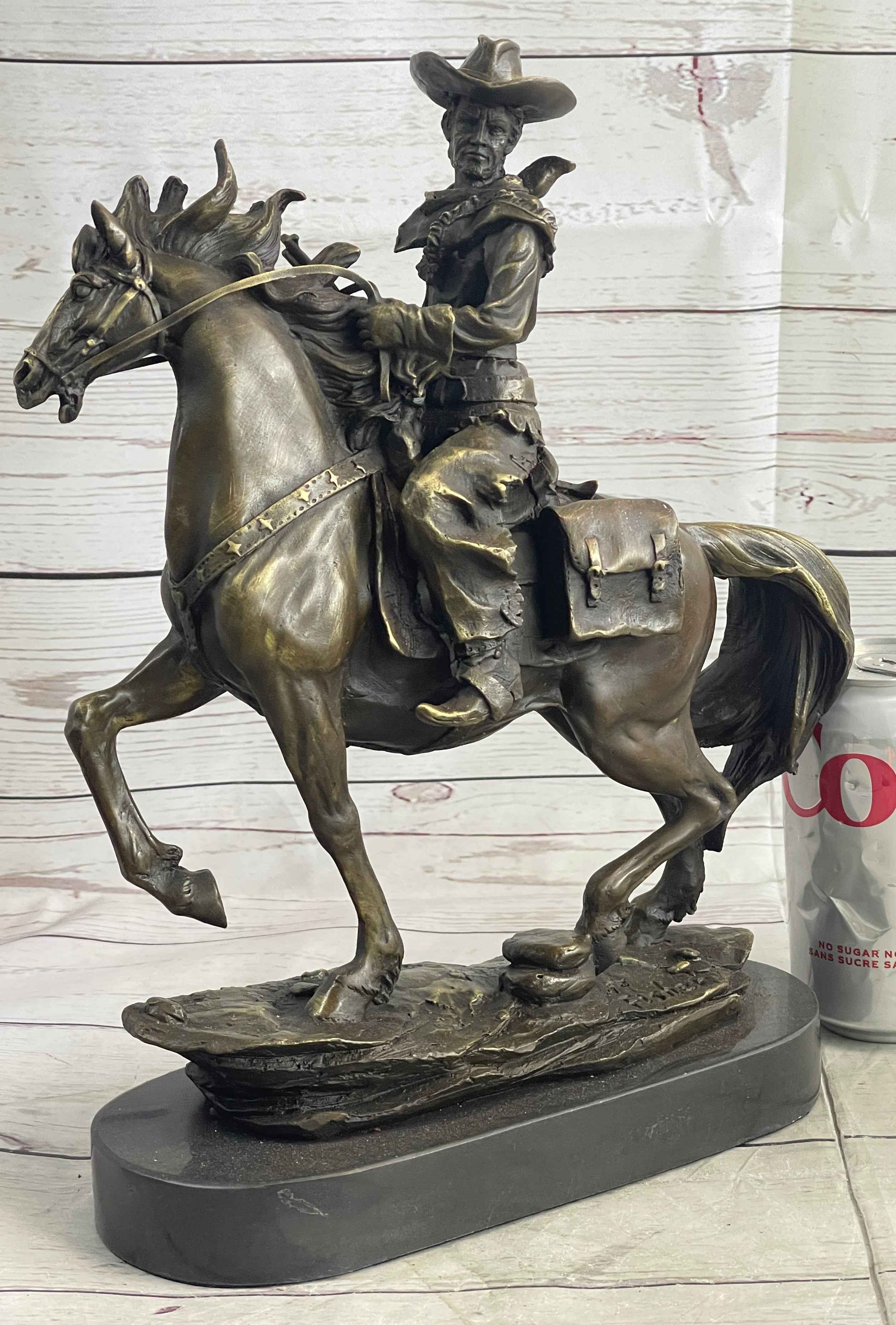 Miniature Bronze Cowboy on Horseback Statue Sculpture Figure Marble Base 14" x 7"