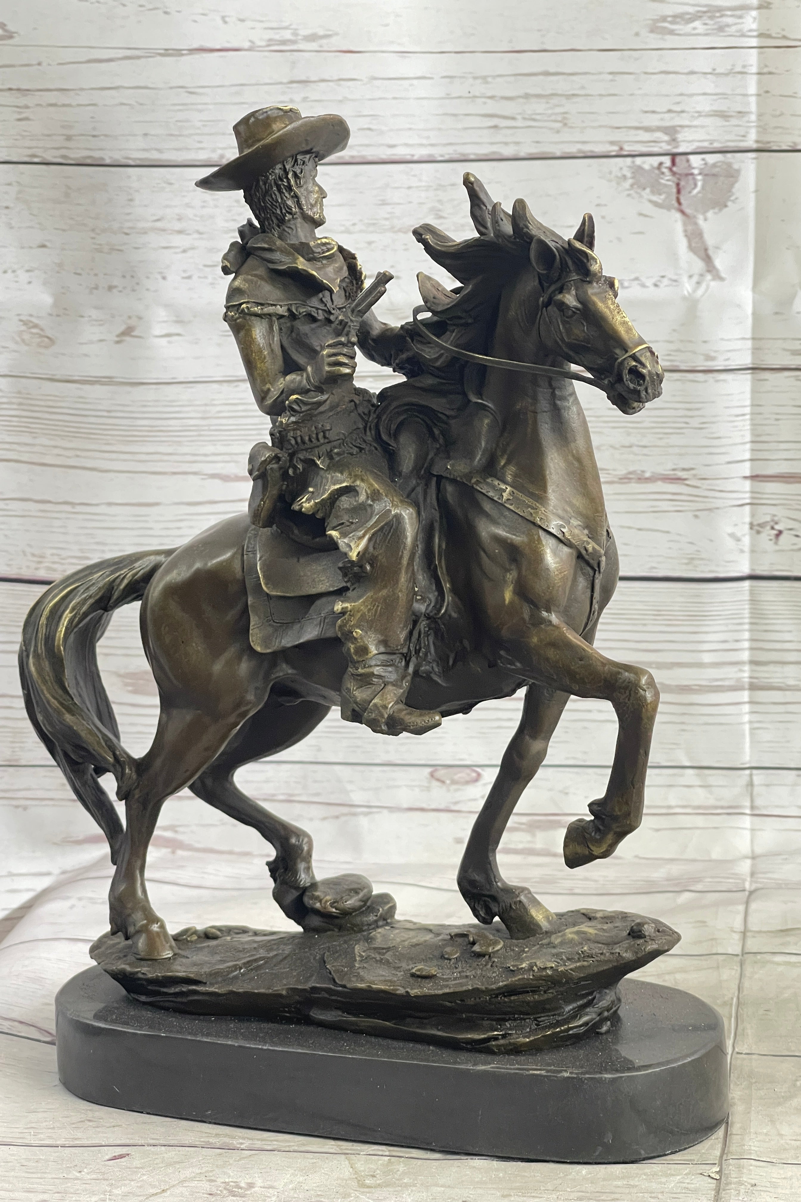 Miniature Bronze Cowboy on Horseback Statue Sculpture Figure Marble Base 14" x 7"