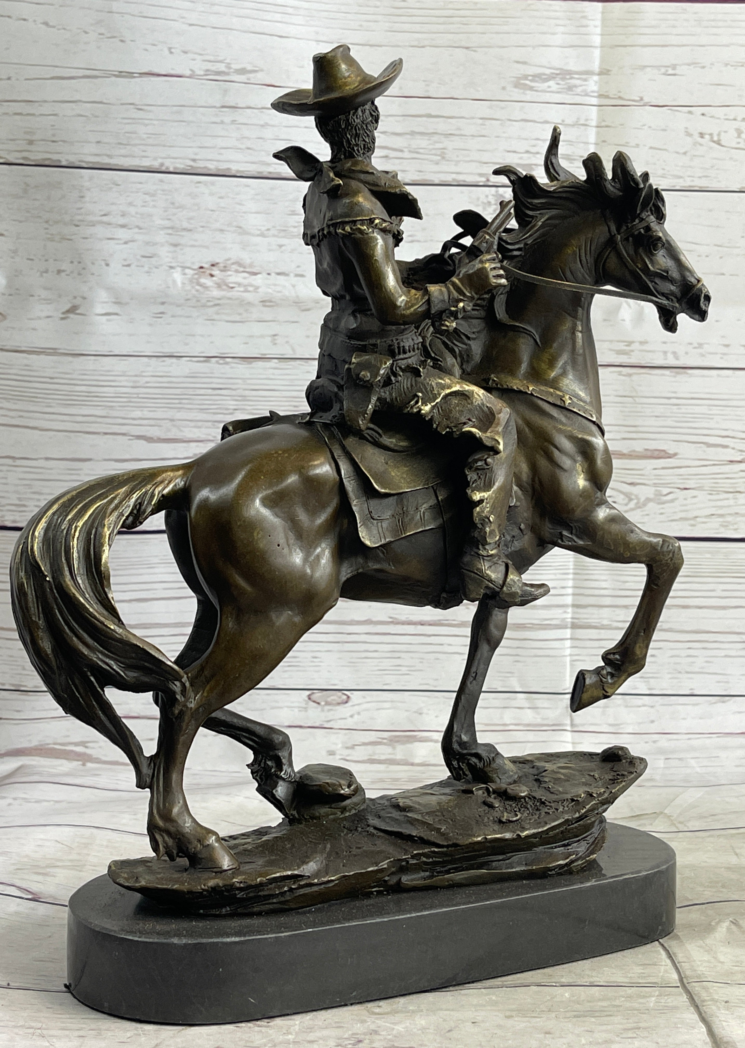 Miniature Bronze Cowboy on Horseback Statue Sculpture Figure Marble Base 14" x 7"