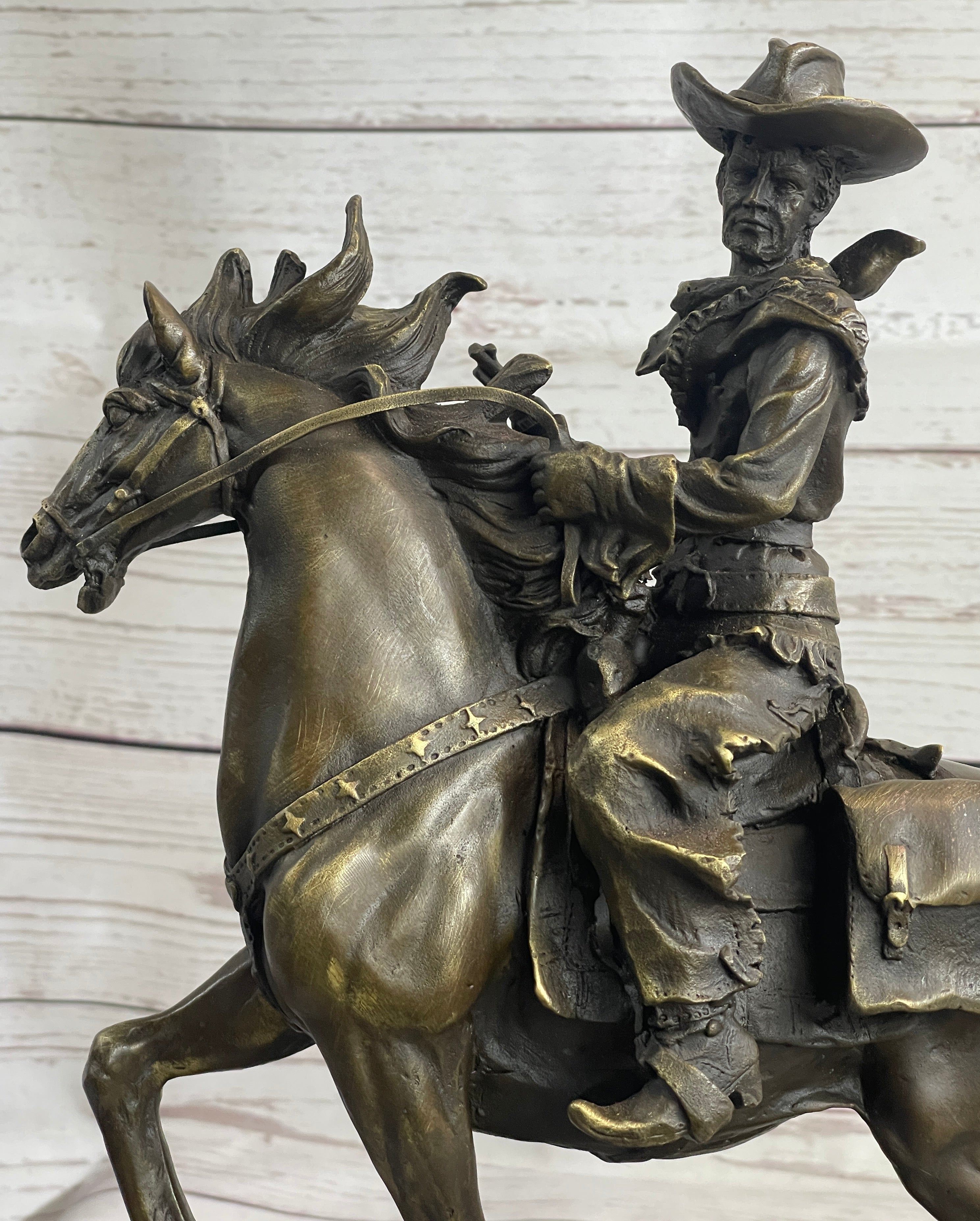 Miniature Bronze Cowboy on Horseback Statue Sculpture Figure Marble Base 14" x 7"